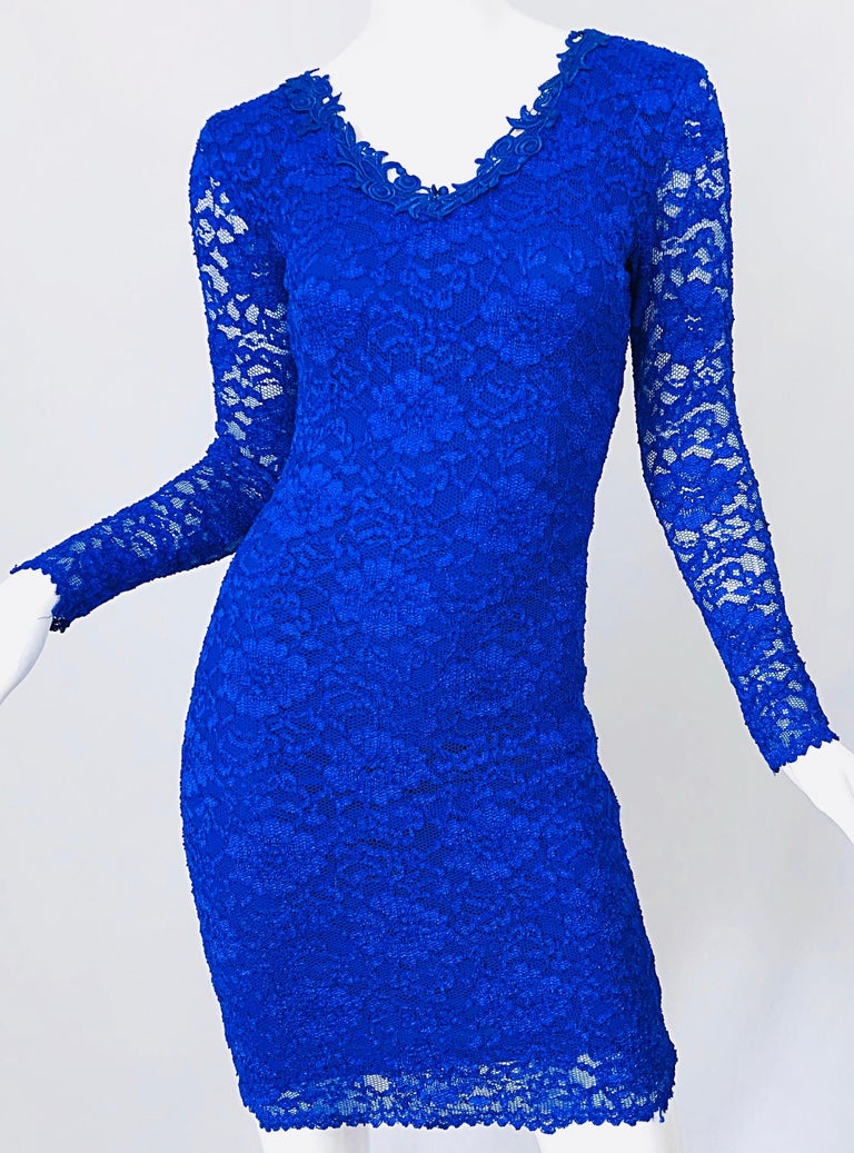 1990s Royal Cobalt Blue Lace Long Sleeve Floral Bodycon Vintage 90s Dress  For Sale at 1stDibs
