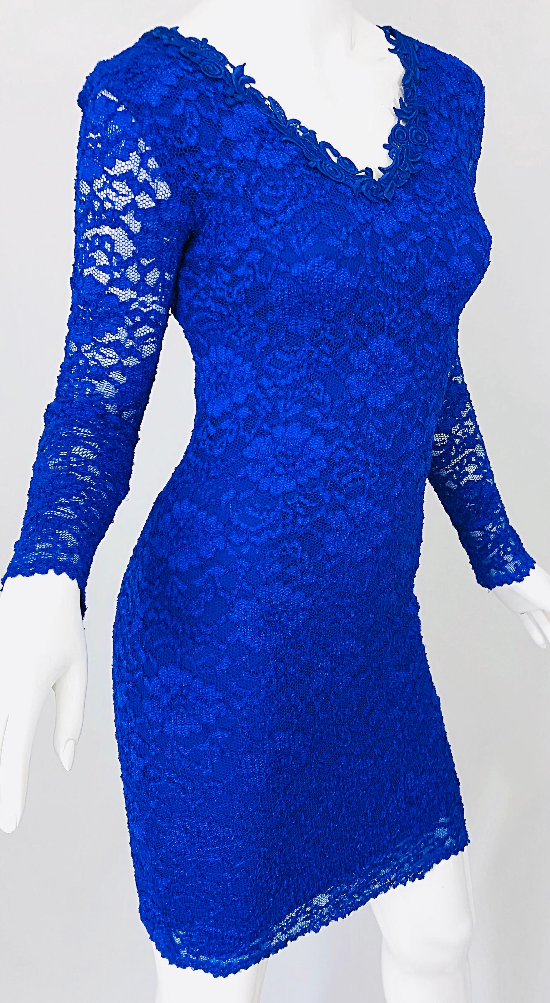 1990s Royal Cobalt Blue Lace Long Sleeve Floral Bodycon Vintage 90s Dress For Sale 1