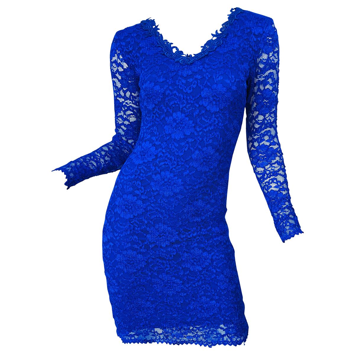 1990s Royal Cobalt Blue Lace Long Sleeve Floral Bodycon Vintage 90s Dress For Sale