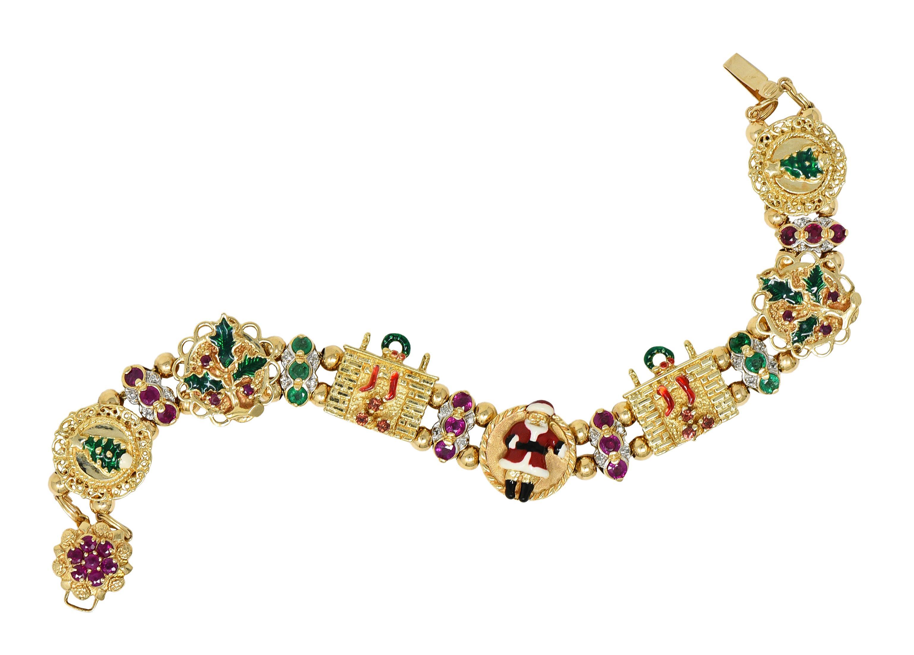 1990s Ruby Emerald Diamond Garnet Enamel 14 Karat Gold Christmas Slide Bracelet 5