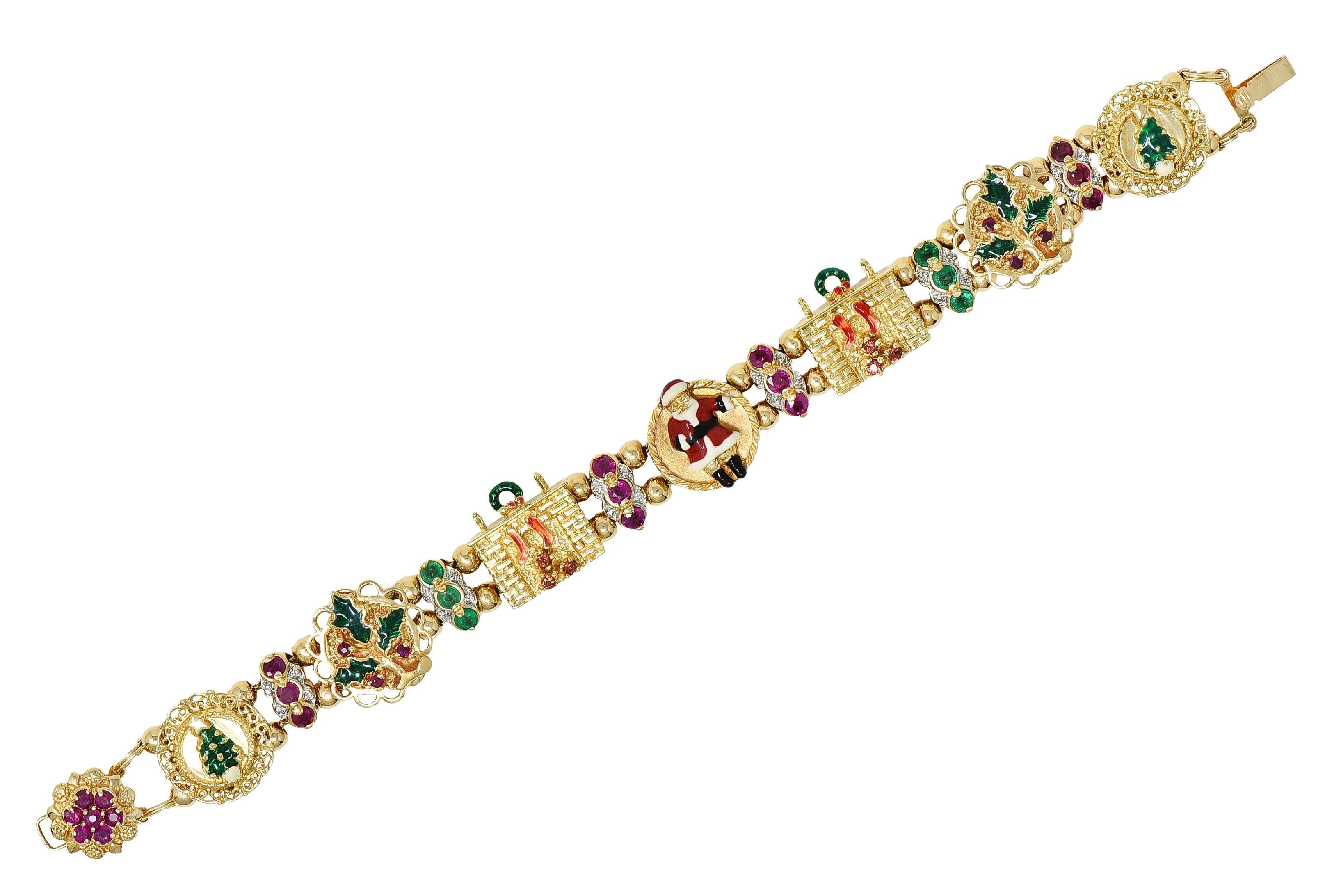 Designed as a slide bracelet comprised of round spacer beads with gemstone and enamel stations
Enamel stations are designed as gold wreaths, Christmas trees, chimneys, holly, and a Santa
Glossed with transparent green, red, white, and black enamel -