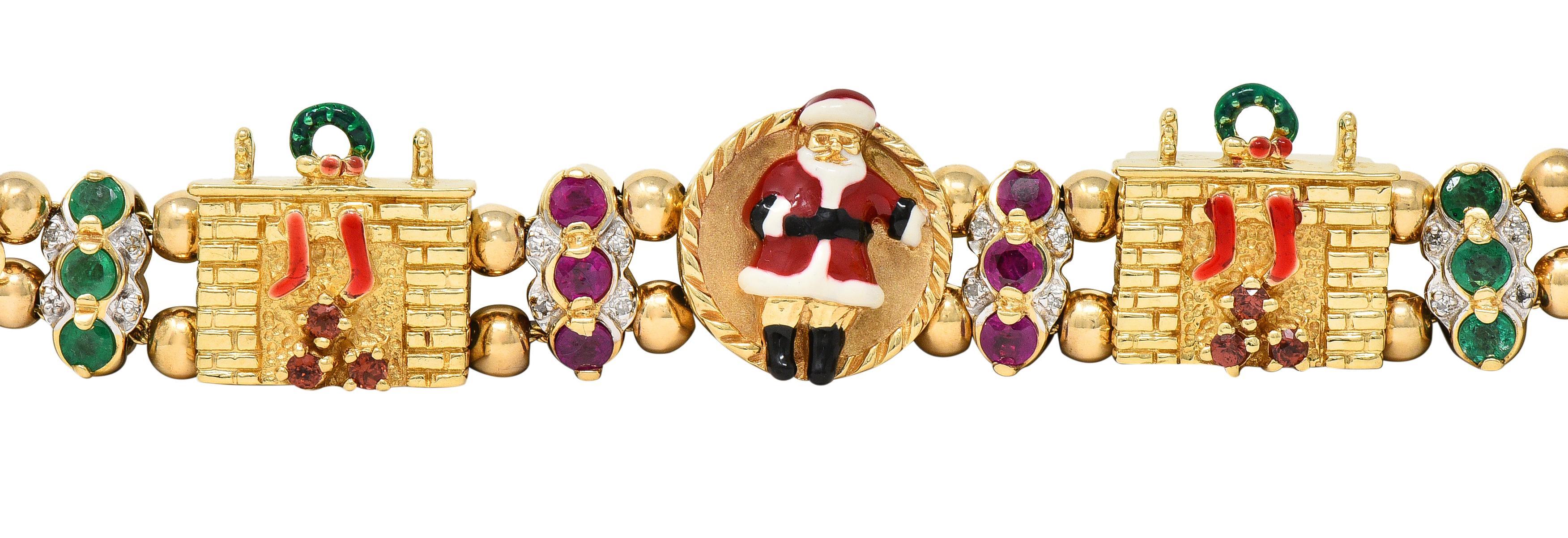 1990s Ruby Emerald Diamond Garnet Enamel 14 Karat Gold Christmas Slide Bracelet In Excellent Condition In Philadelphia, PA