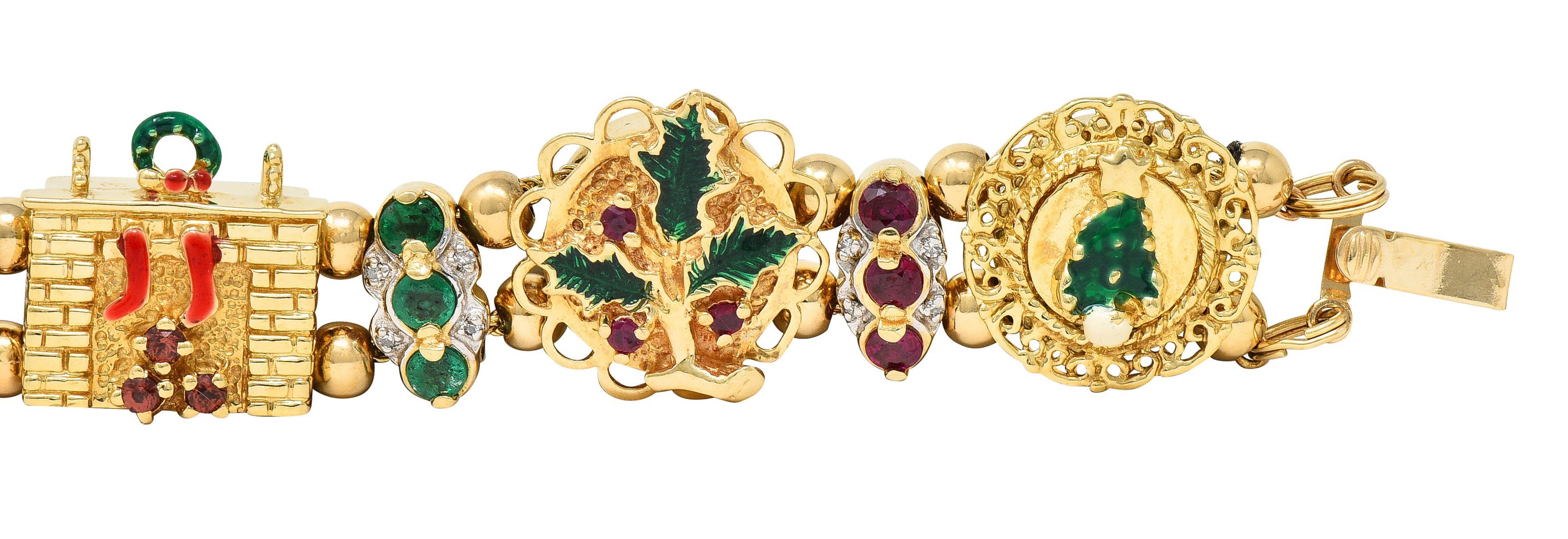 Women's or Men's 1990s Ruby Emerald Diamond Garnet Enamel 14 Karat Gold Christmas Slide Bracelet