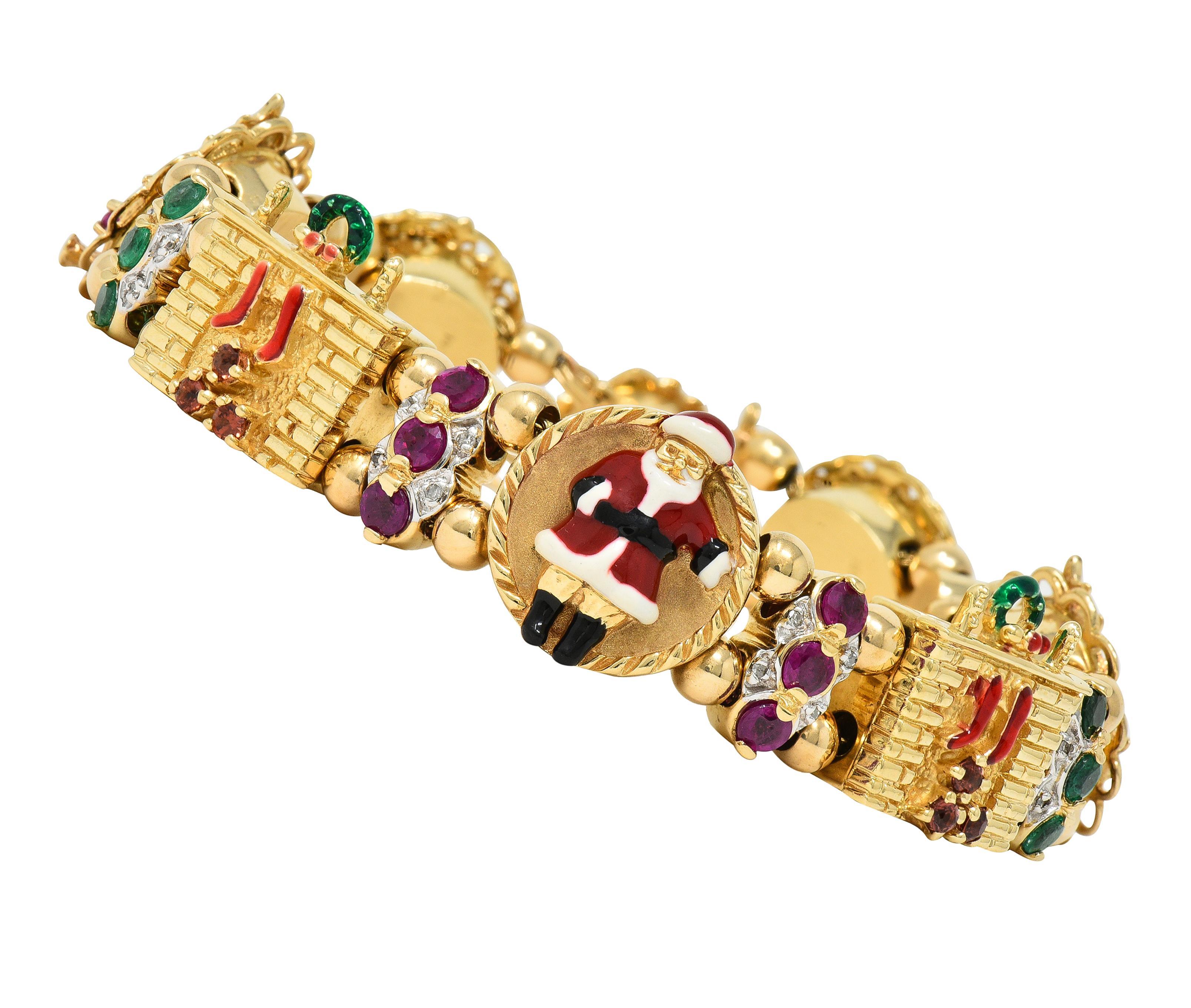 1990s Ruby Emerald Diamond Garnet Enamel 14 Karat Gold Christmas Slide Bracelet 1