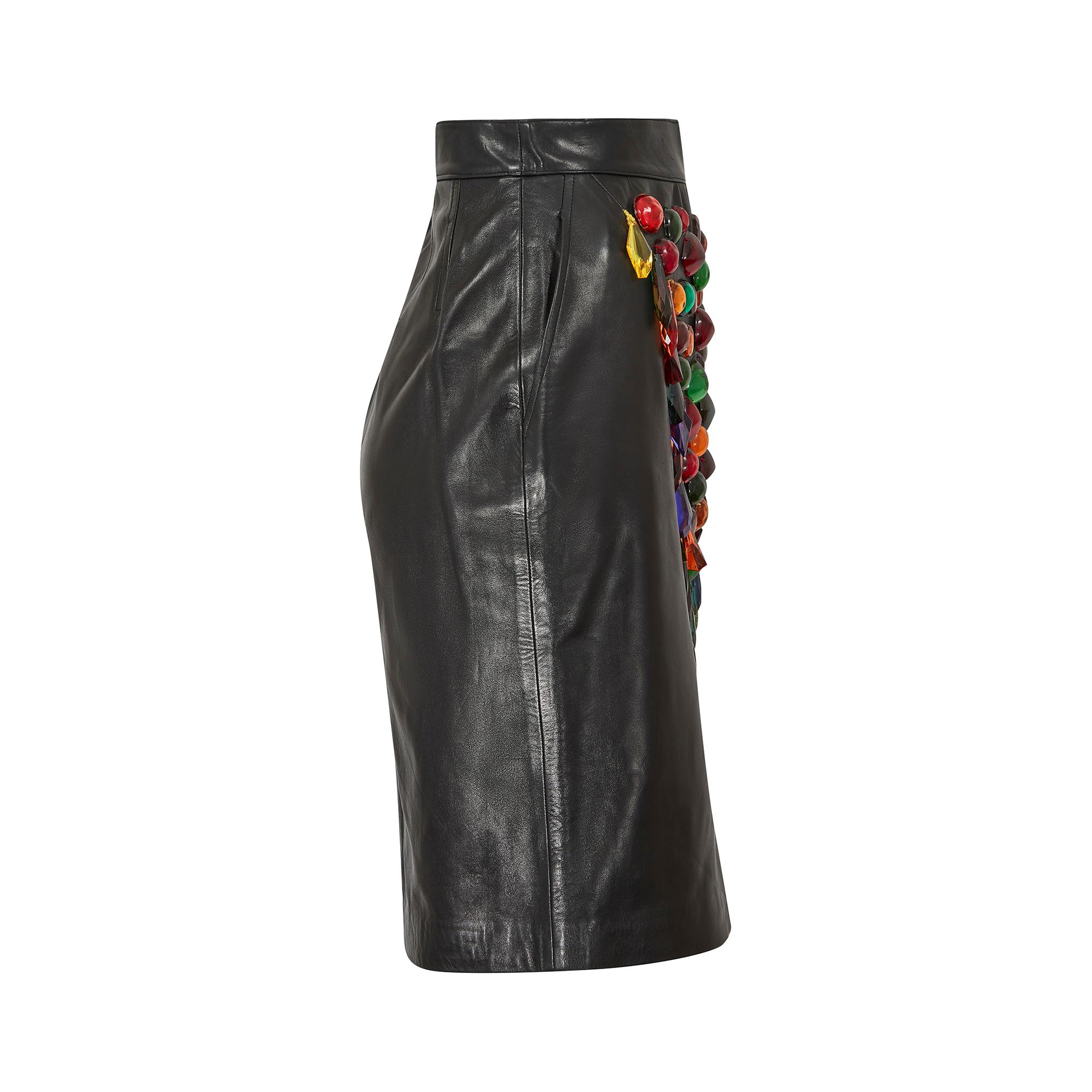 Extraordinary vintage Yves Saint Laurent leather darted pencil skirt with lavish moulded plastic embellishment.  This is the exact runway version from the fashion house's renowned Spring/Summer 1990 collection held during Paris Fashion Week in