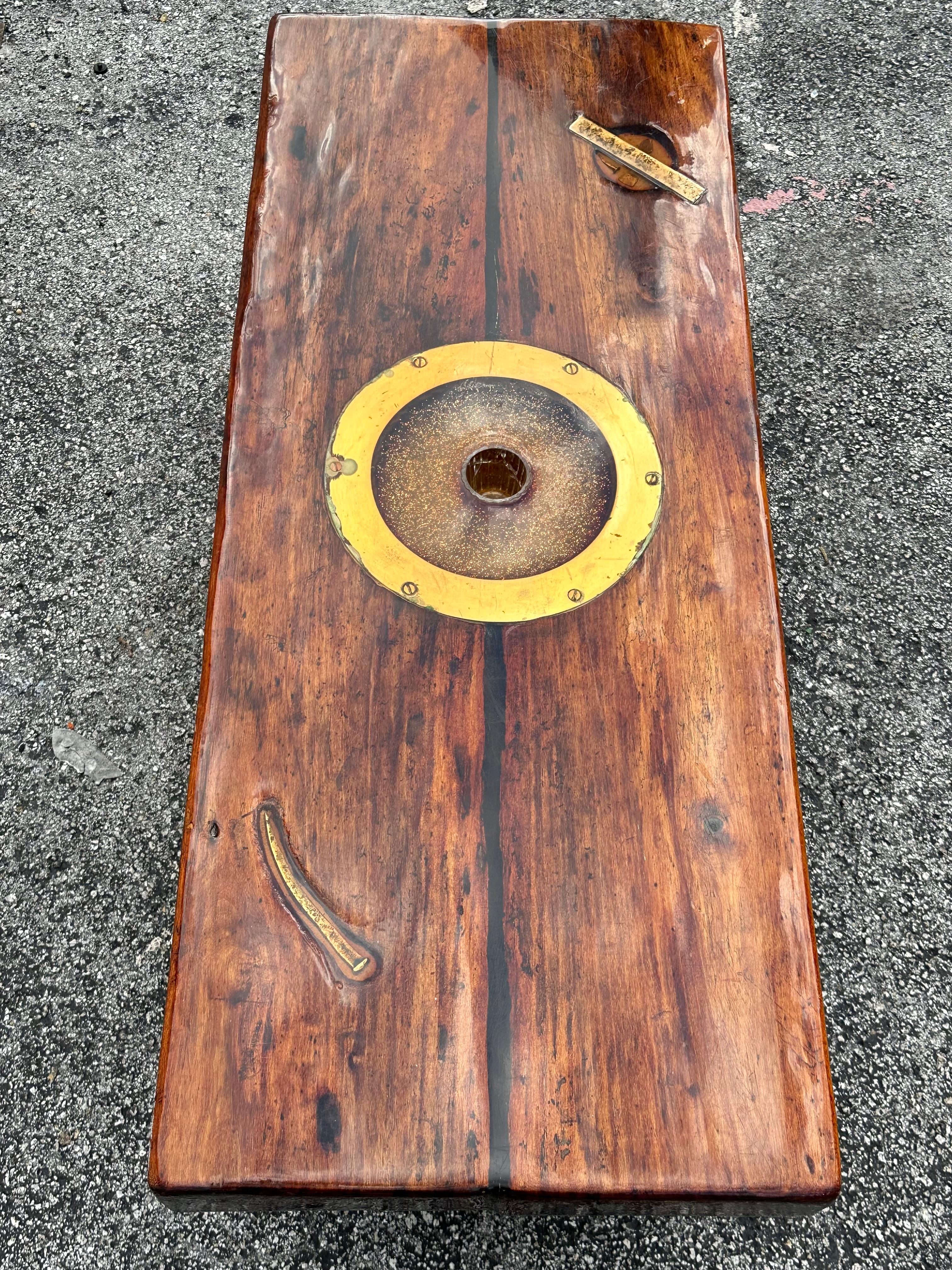 1990s Rustic Epoxy Wood Inlay Brass Coffee Table 5