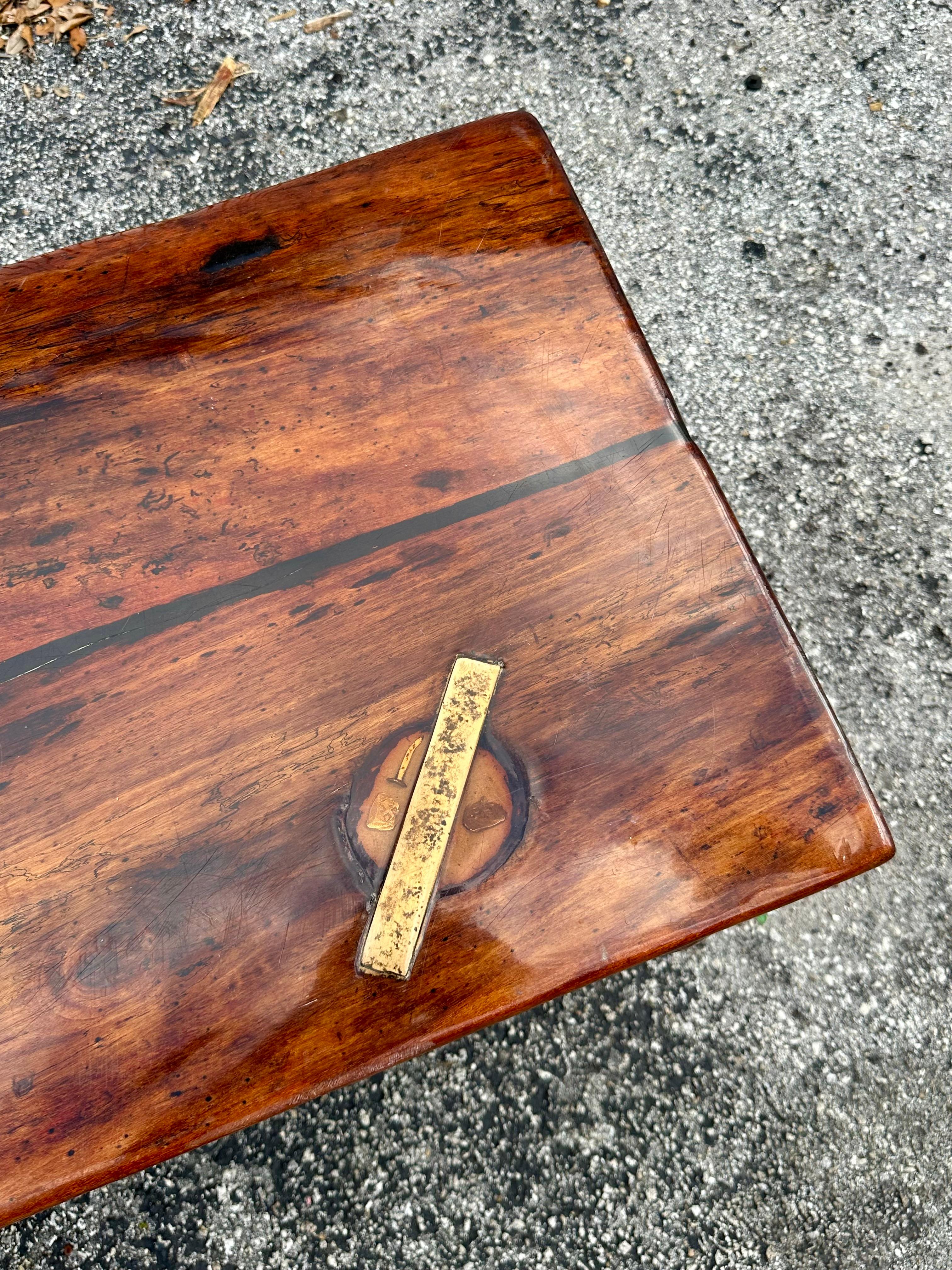 1990s Rustic Epoxy Wood Inlay Brass Coffee Table 6
