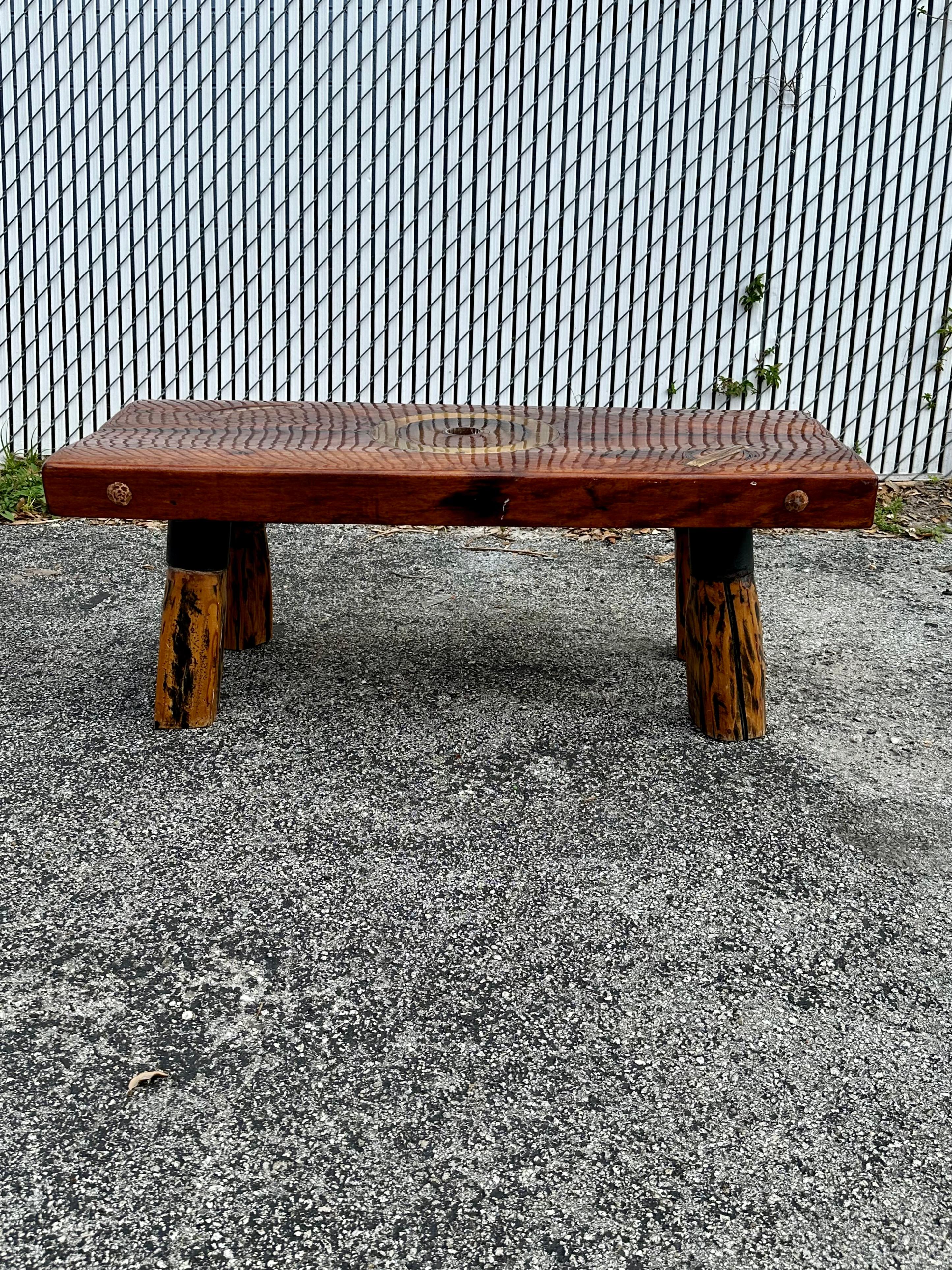 American 1990s Rustic Epoxy Wood Inlay Brass Coffee Table