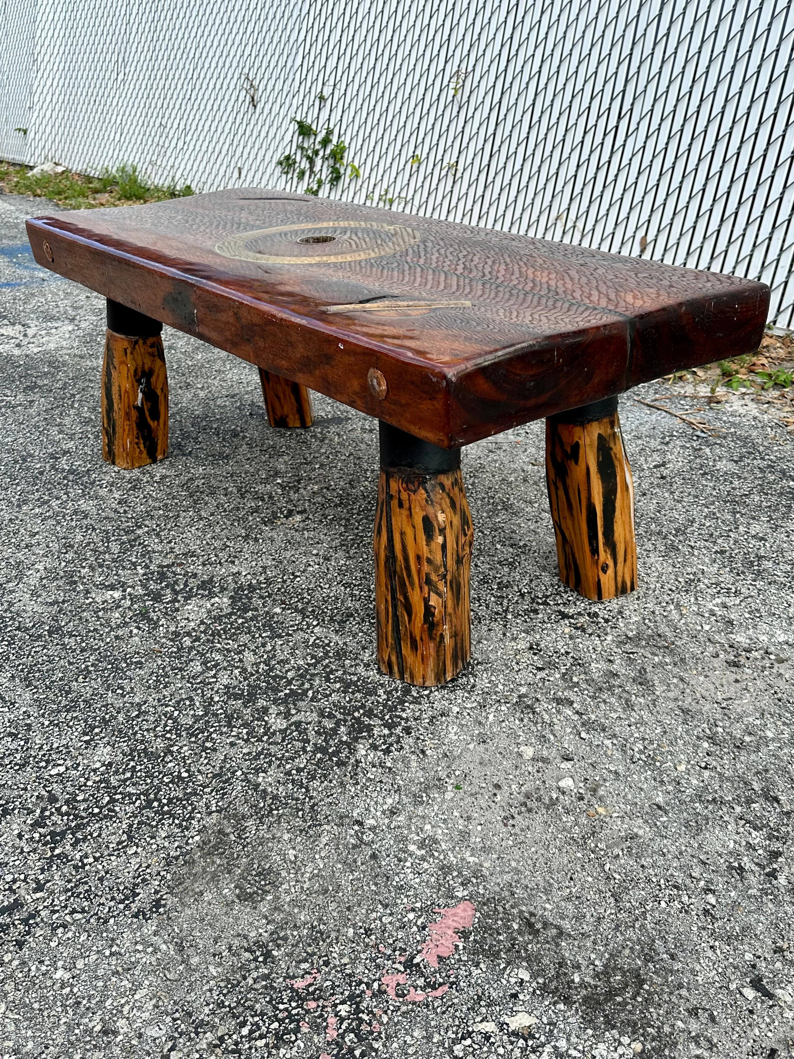 1990s Rustic Epoxy Wood Inlay Brass Coffee Table In Good Condition In Fort Lauderdale, FL