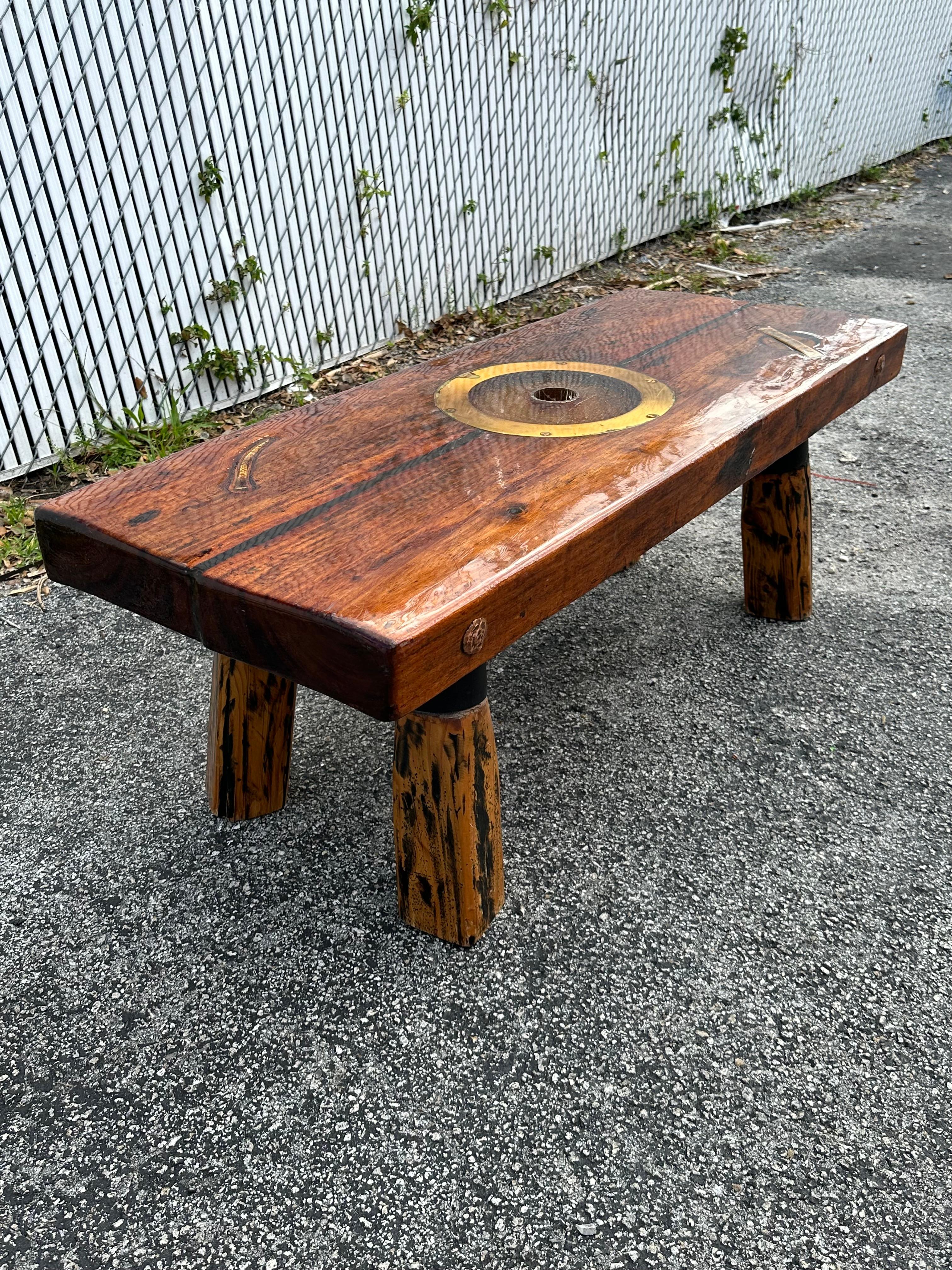 Late 20th Century 1990s Rustic Epoxy Wood Inlay Brass Coffee Table