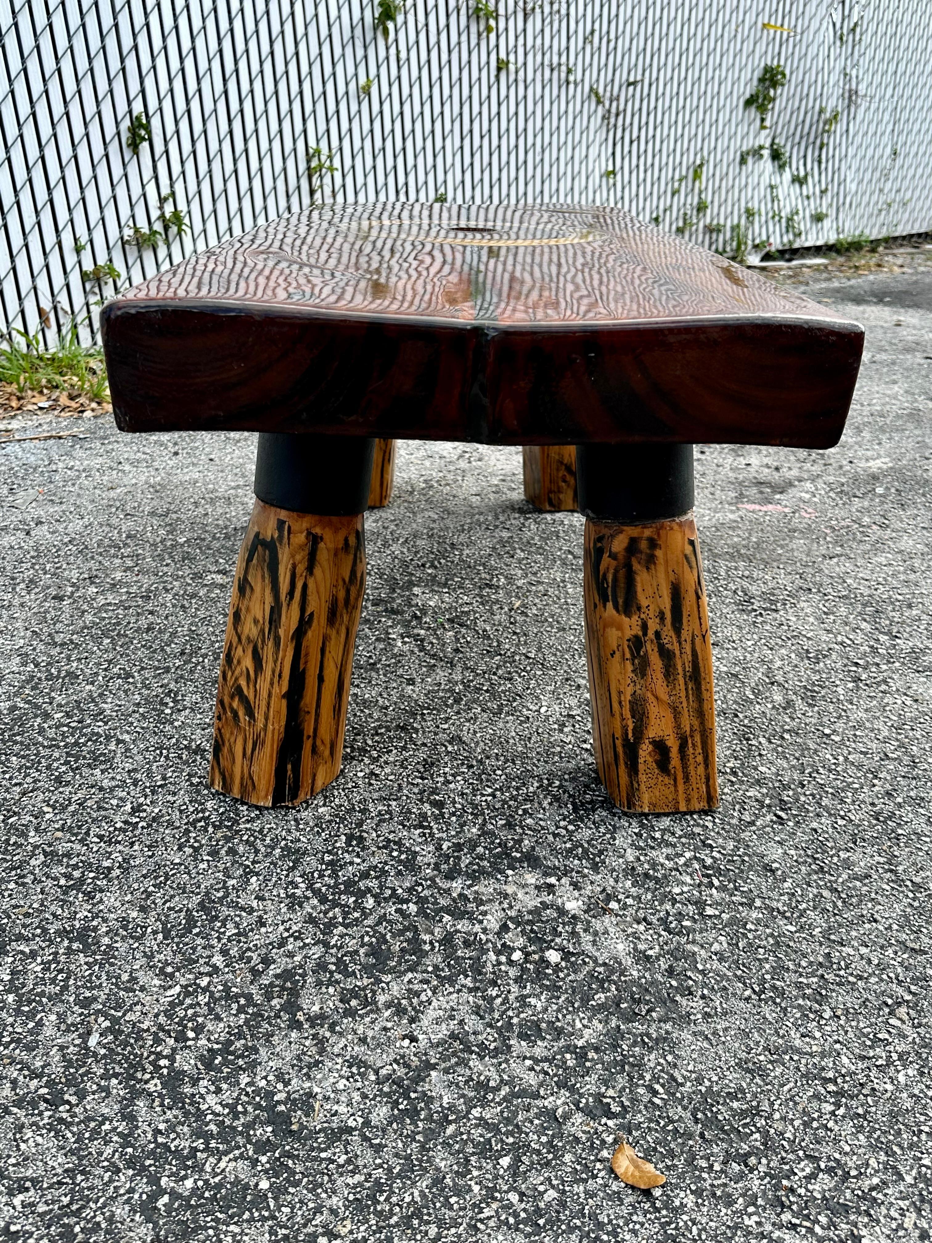 1990s Rustic Epoxy Wood Inlay Brass Coffee Table 1