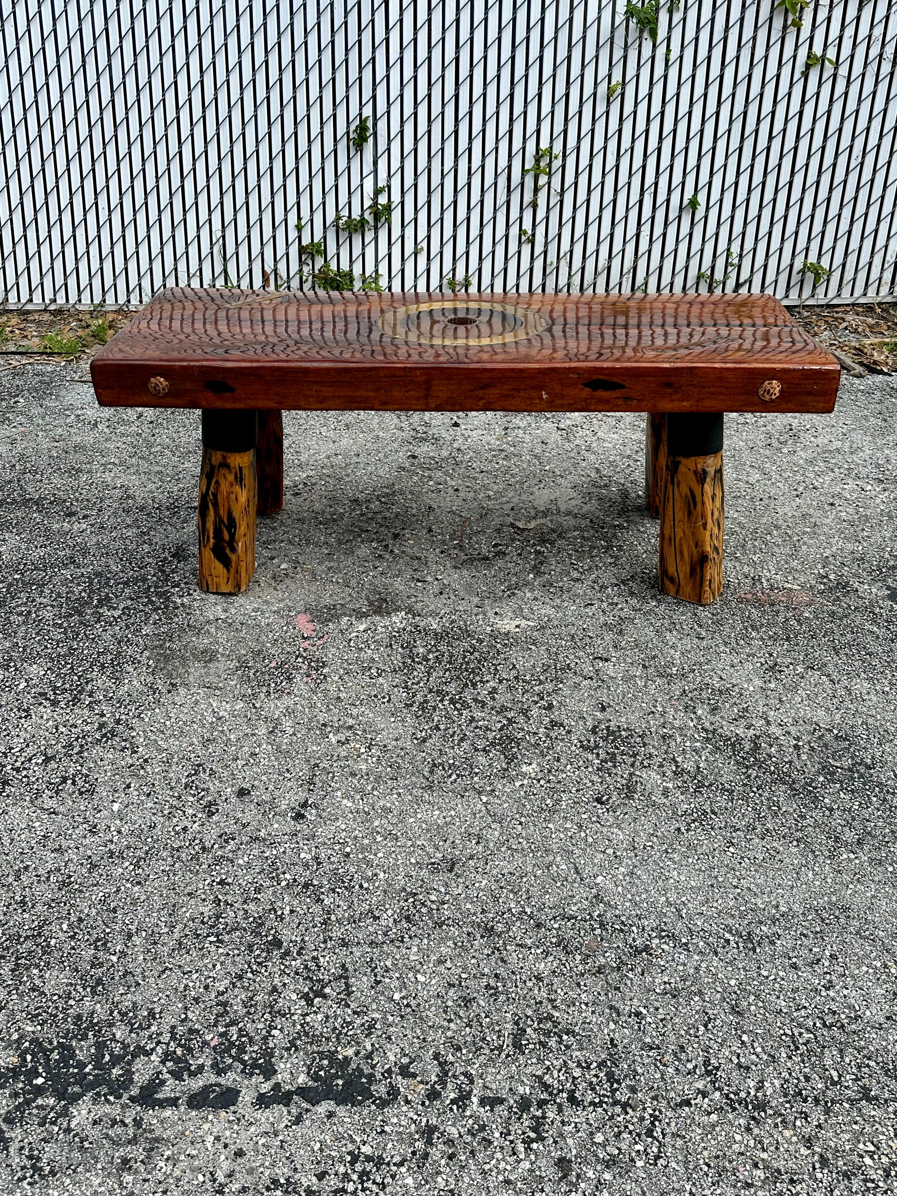 1990s Rustic Epoxy Wood Inlay Brass Coffee Table 2