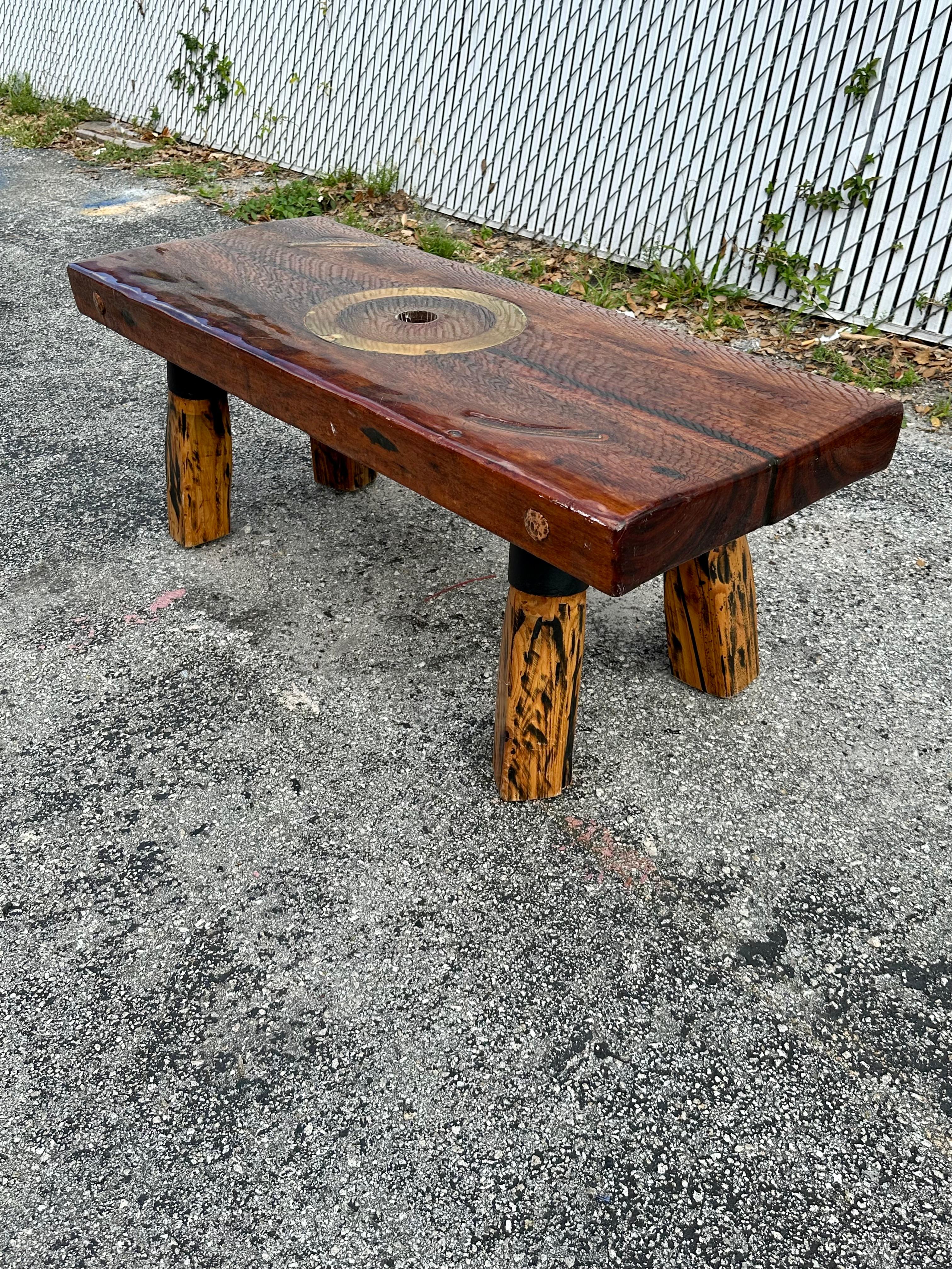1990s Rustic Epoxy Wood Inlay Brass Coffee Table 3