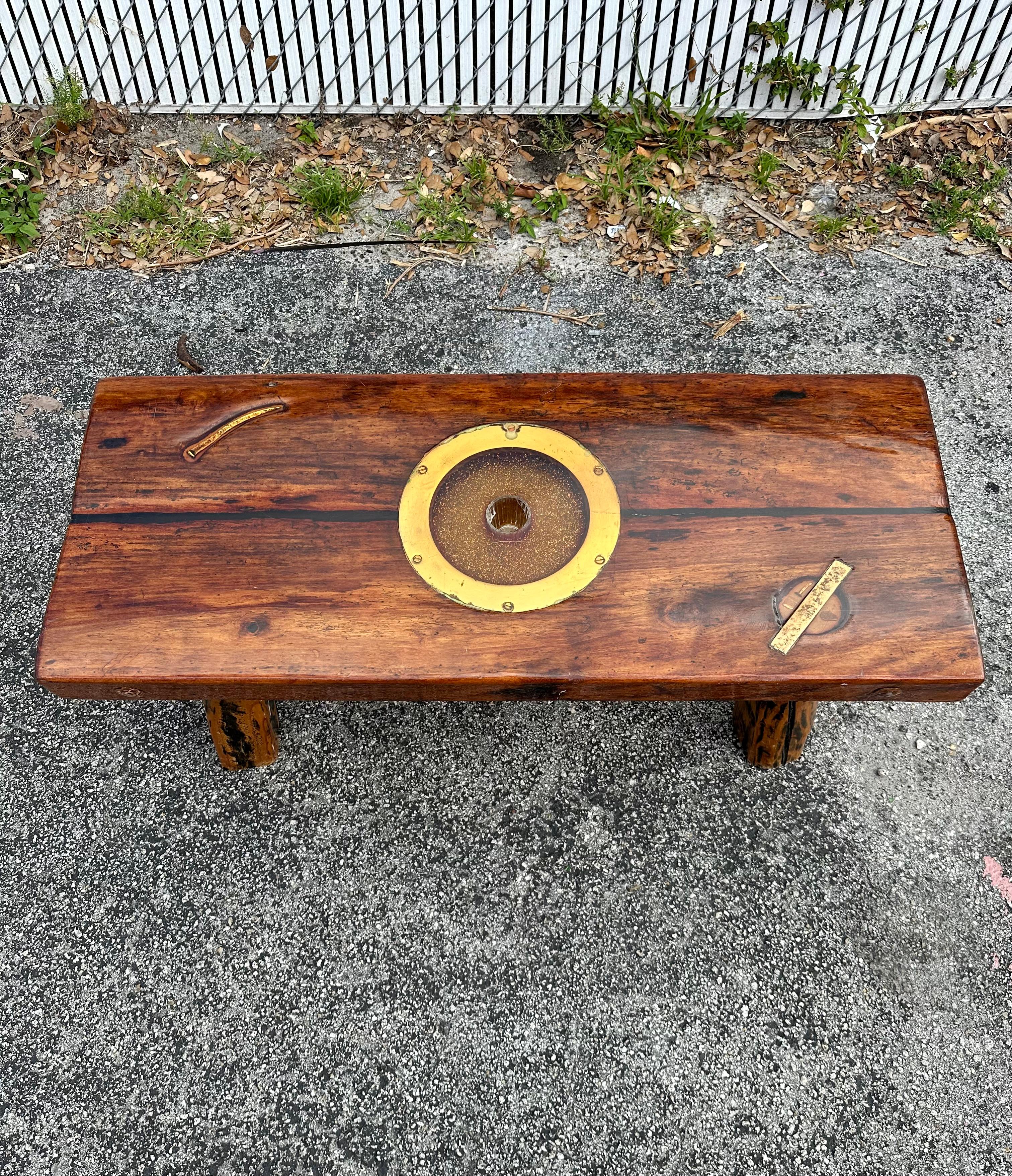 1990s Rustic Epoxy Wood Inlay Brass Coffee Table 4