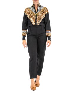 1990S SAINT JOHN Animal Print Black Rayon Knit Jumpsuit With Jaguar Zipper Pull