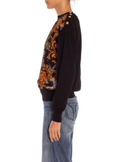 1990S SALVATORE FERRAGAMO Black & Gold Silk Knit Baroque Printed Sweater