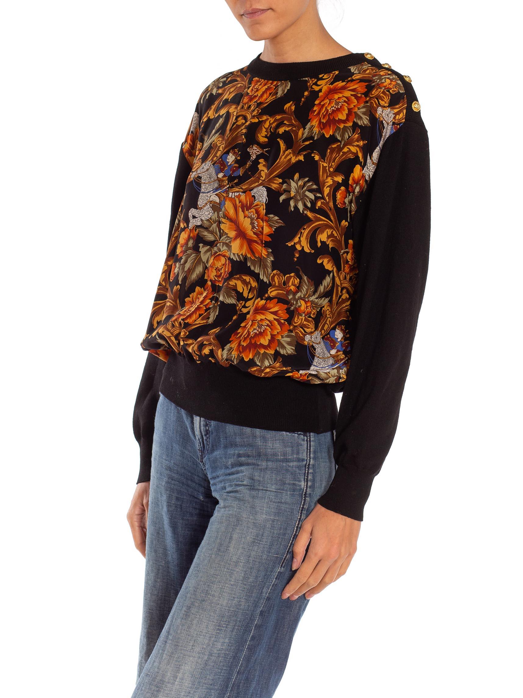 1990S SALVATORE FERRAGAMO Black & Gold Silk Knit Baroque Printed Sweater In Excellent Condition For Sale In New York, NY
