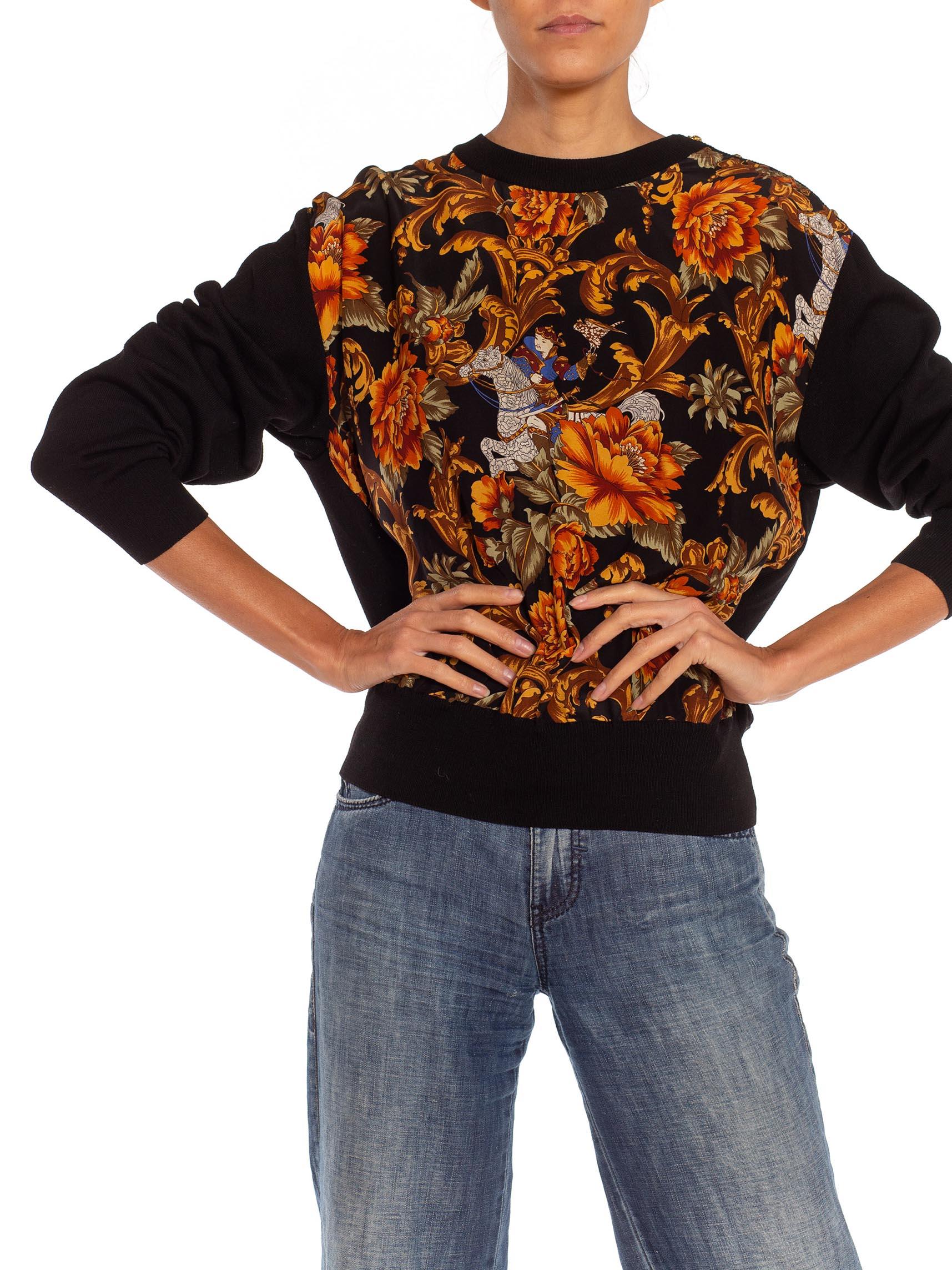 1990S SALVATORE FERRAGAMO Black & Gold Silk Knit Baroque Printed Sweater For Sale 1