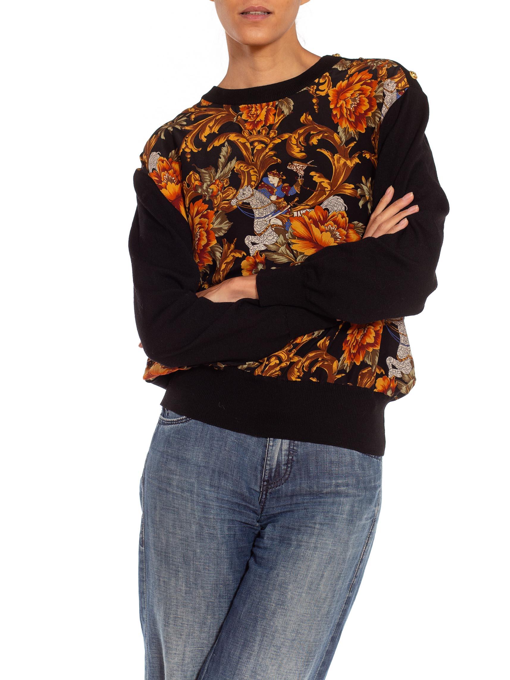 1990S SALVATORE FERRAGAMO Black & Gold Silk Knit Baroque Printed Sweater For Sale 2
