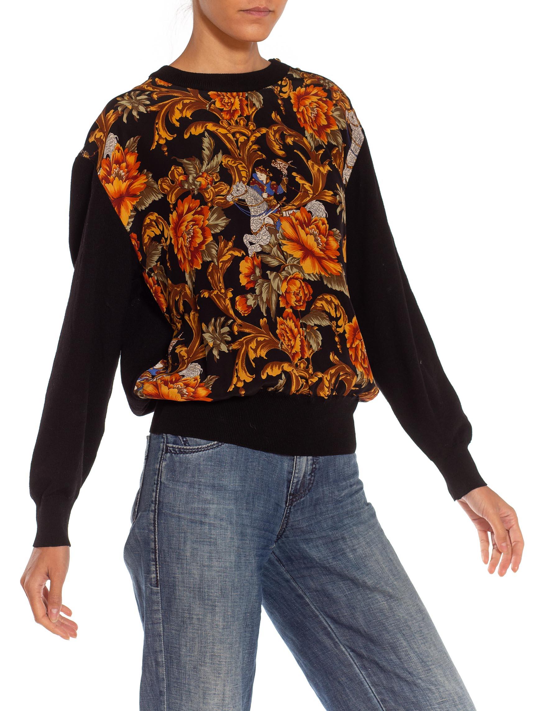 1990S SALVATORE FERRAGAMO Black & Gold Silk Knit Baroque Printed Sweater For Sale 3