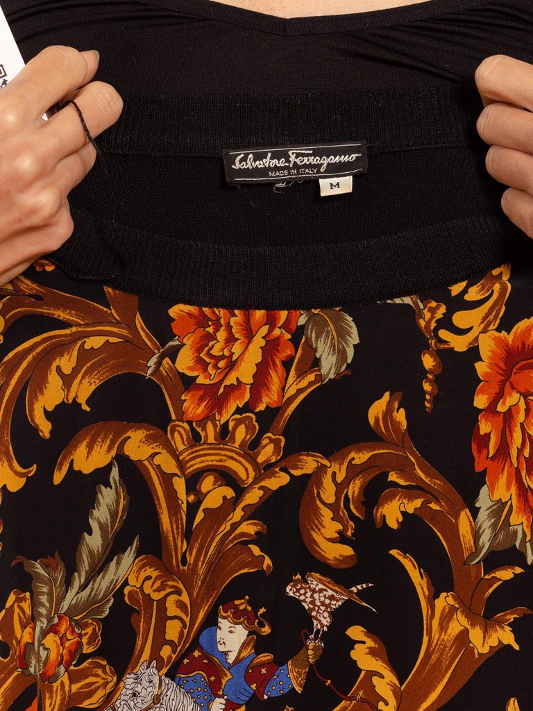 1990S SALVATORE FERRAGAMO Black and Gold Silk Knit Baroque Printed 