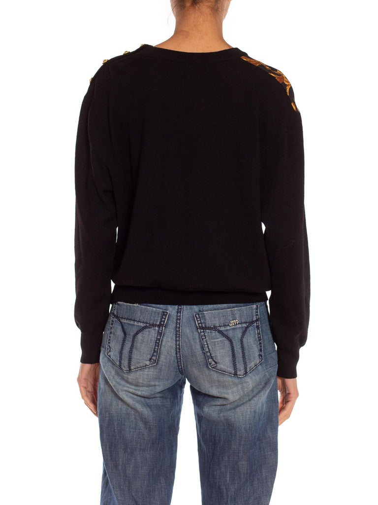 1990S SALVATORE FERRAGAMO Black and Gold Silk Knit Baroque Printed 