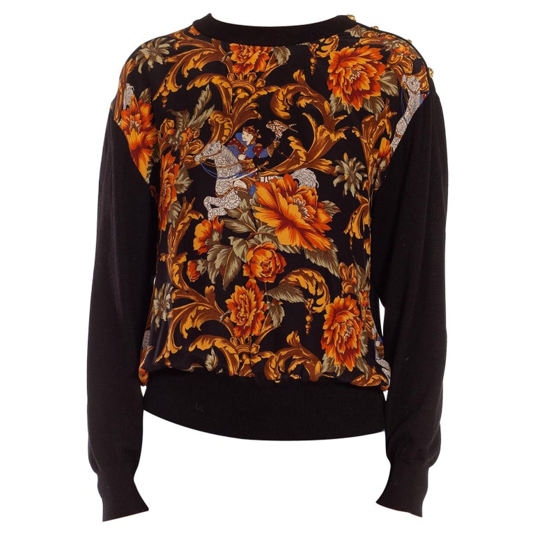 1990S SALVATORE FERRAGAMO Black and Gold Silk Knit Baroque Printed 