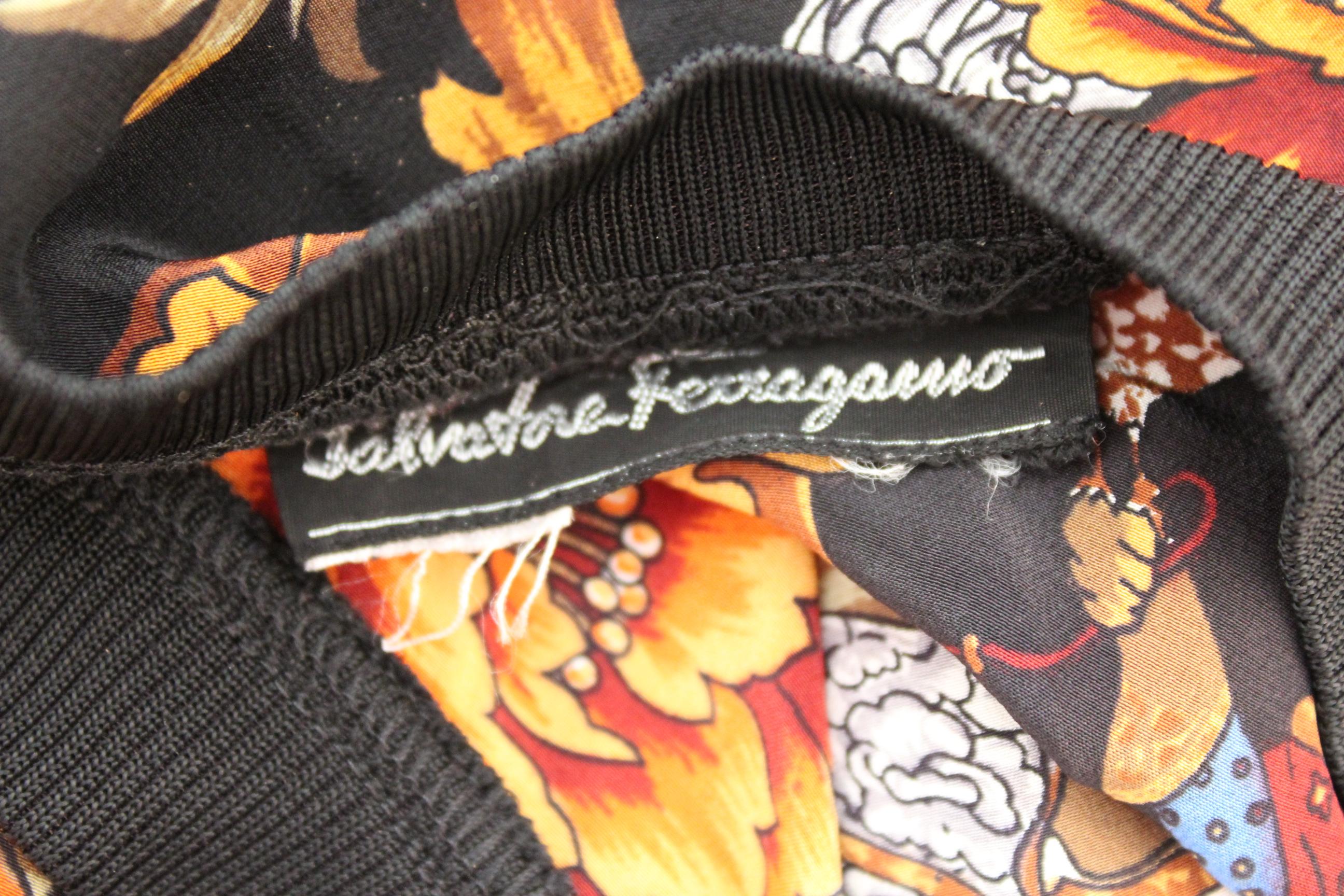 Salvatore Ferragamo Black Orange Silk Floral Shirt 1990s 3