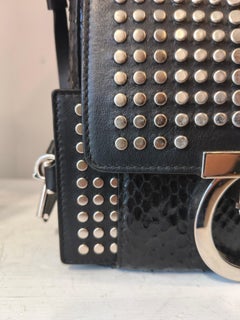 1990s Salvatore Ferragamo black python skin silver studs shoulder bag