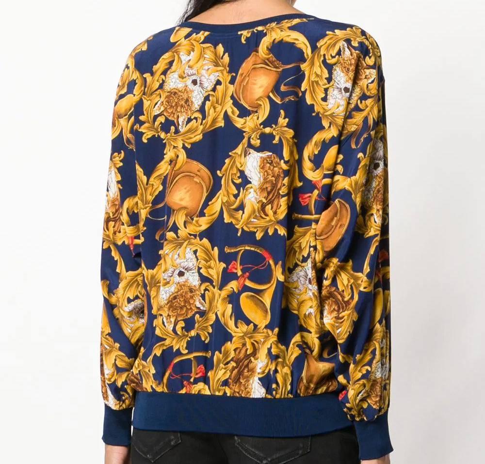 Brown 1990s Salvatore Ferragamo Blue And Gold Printed Blouse