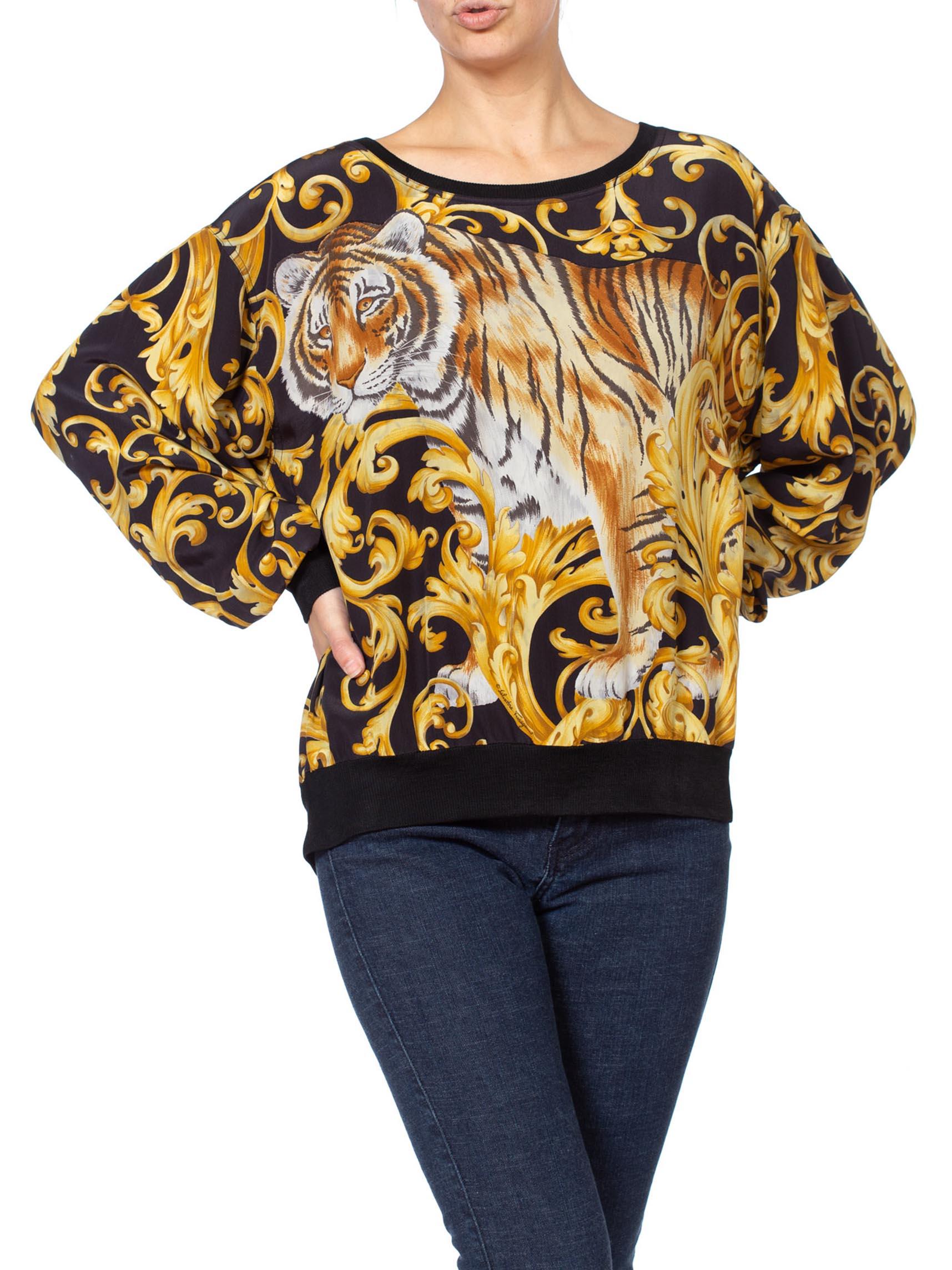 Women's 1980S FERRAGAMO Black & Gold Silk Crepe De Chine Oversized Baroque Tiger Top