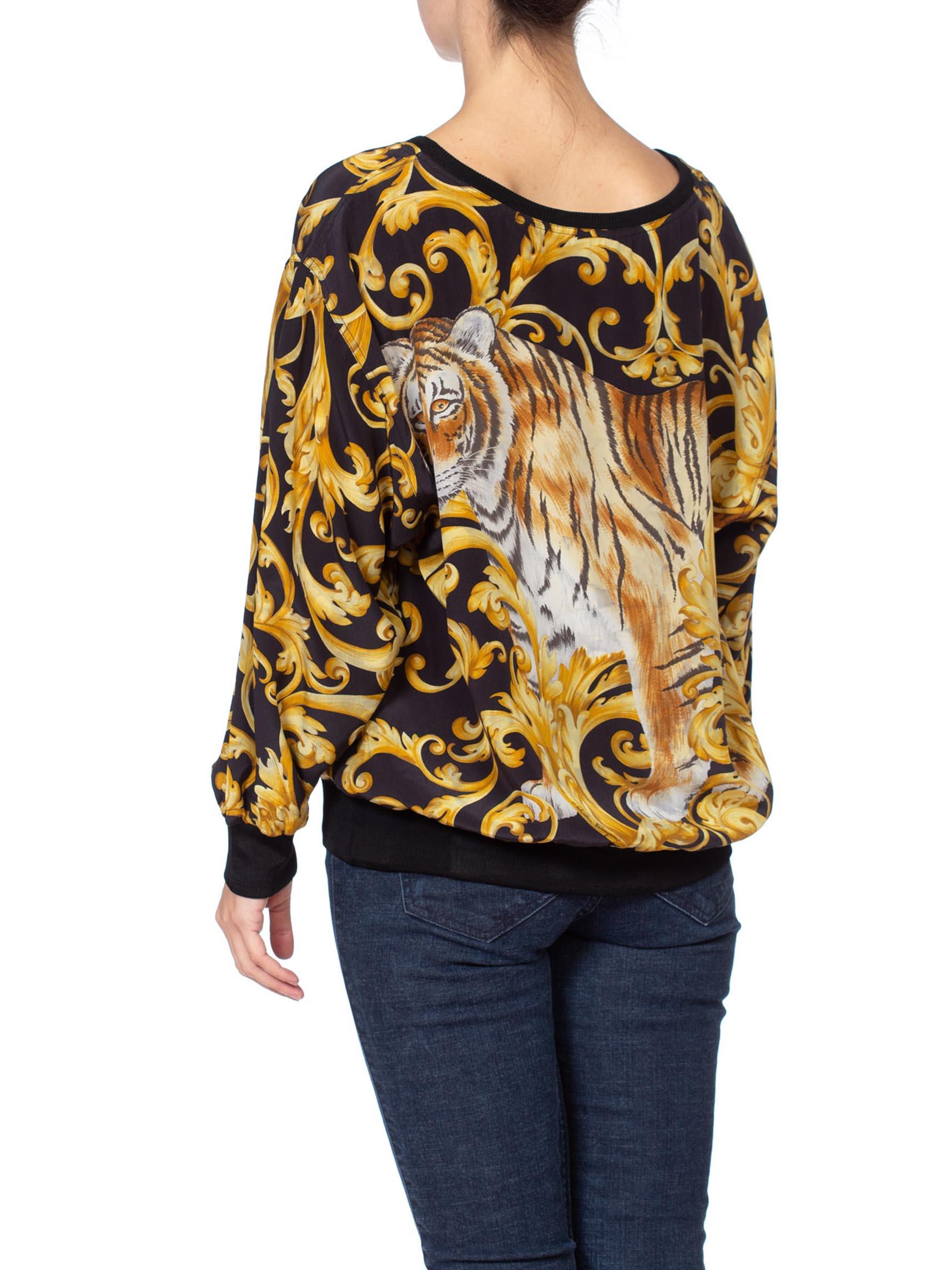 1980S FERRAGAMO Black & Gold Silk Crepe De Chine Oversized Baroque Tiger Top 2