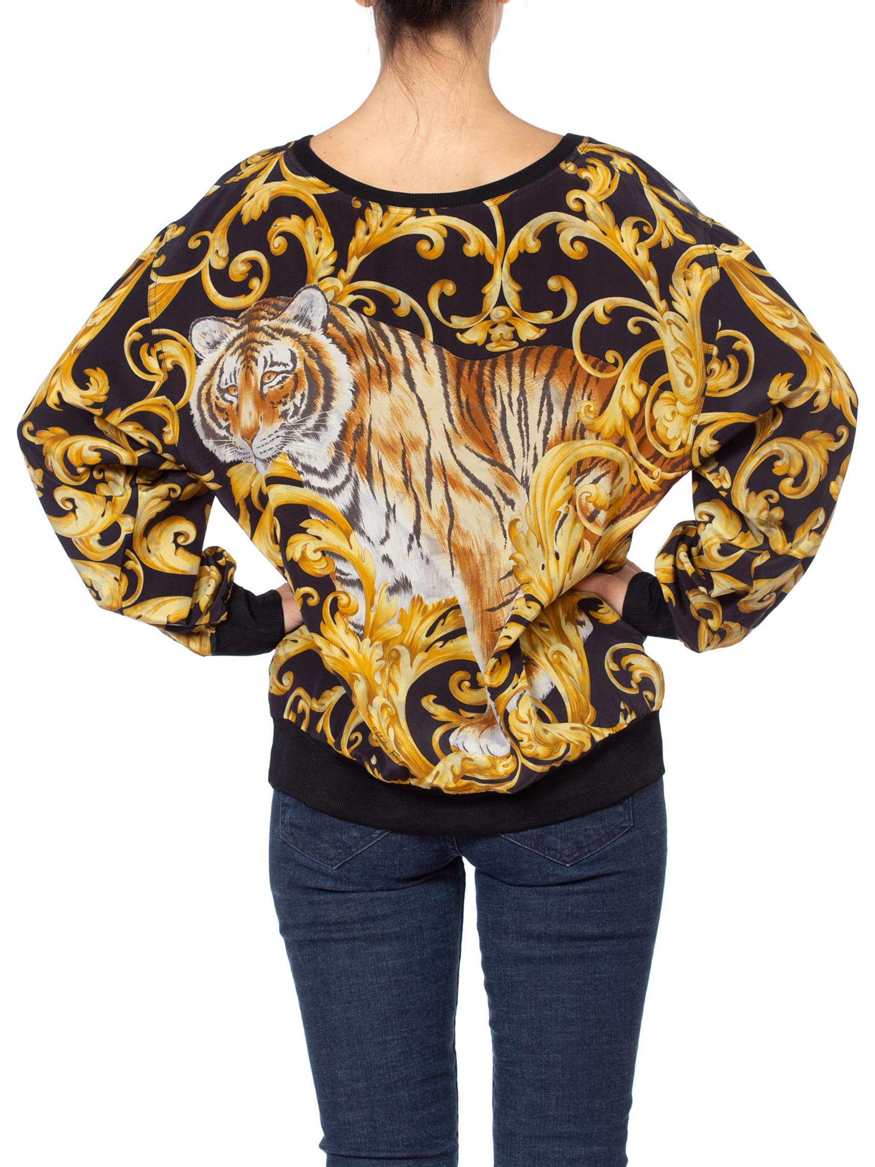 1980S FERRAGAMO Black & Gold Silk Crepe De Chine Oversized Baroque Tiger Top 4
