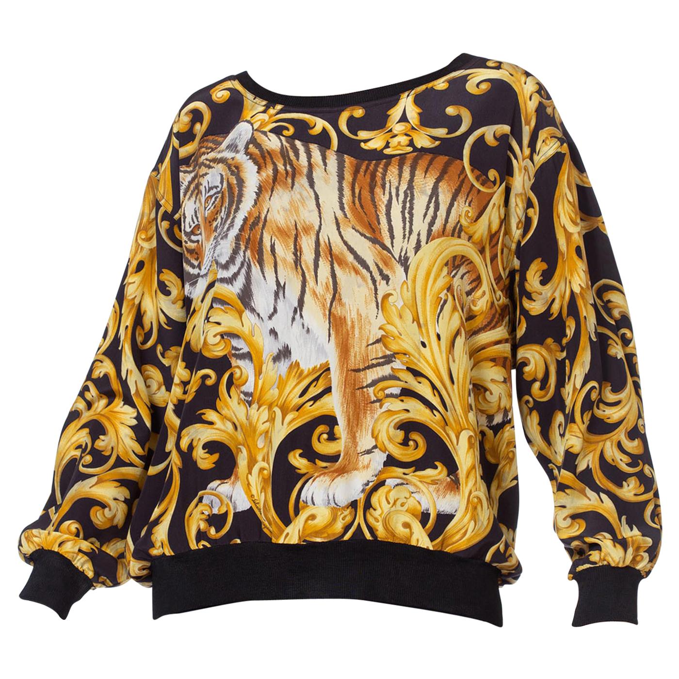 1980S FERRAGAMO Black & Gold Silk Crepe De Chine Oversized Baroque Tiger Top