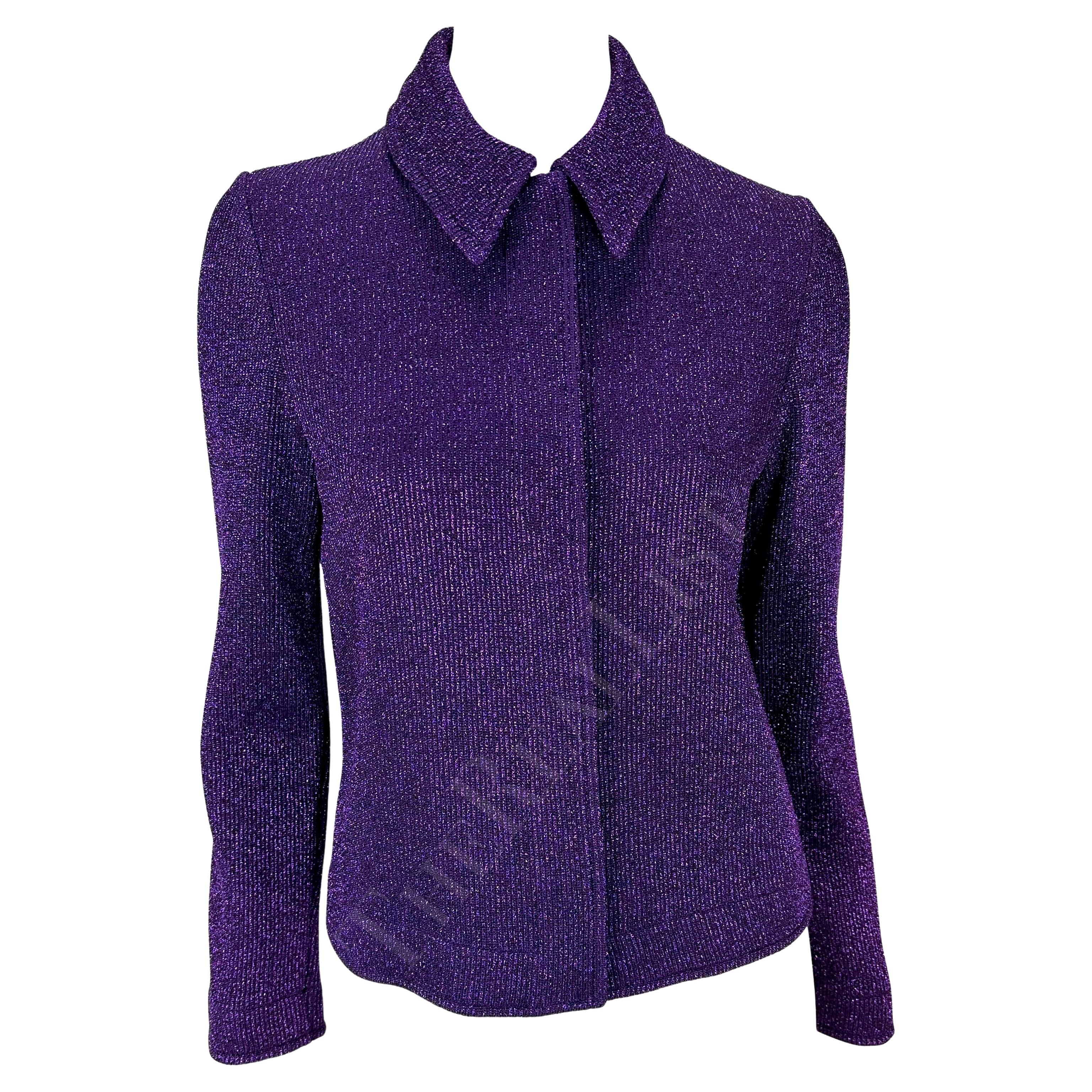 F/W 1996 Salvatore Ferragamo Runway Purple Metallic Knit Sweater Jacket For Sale