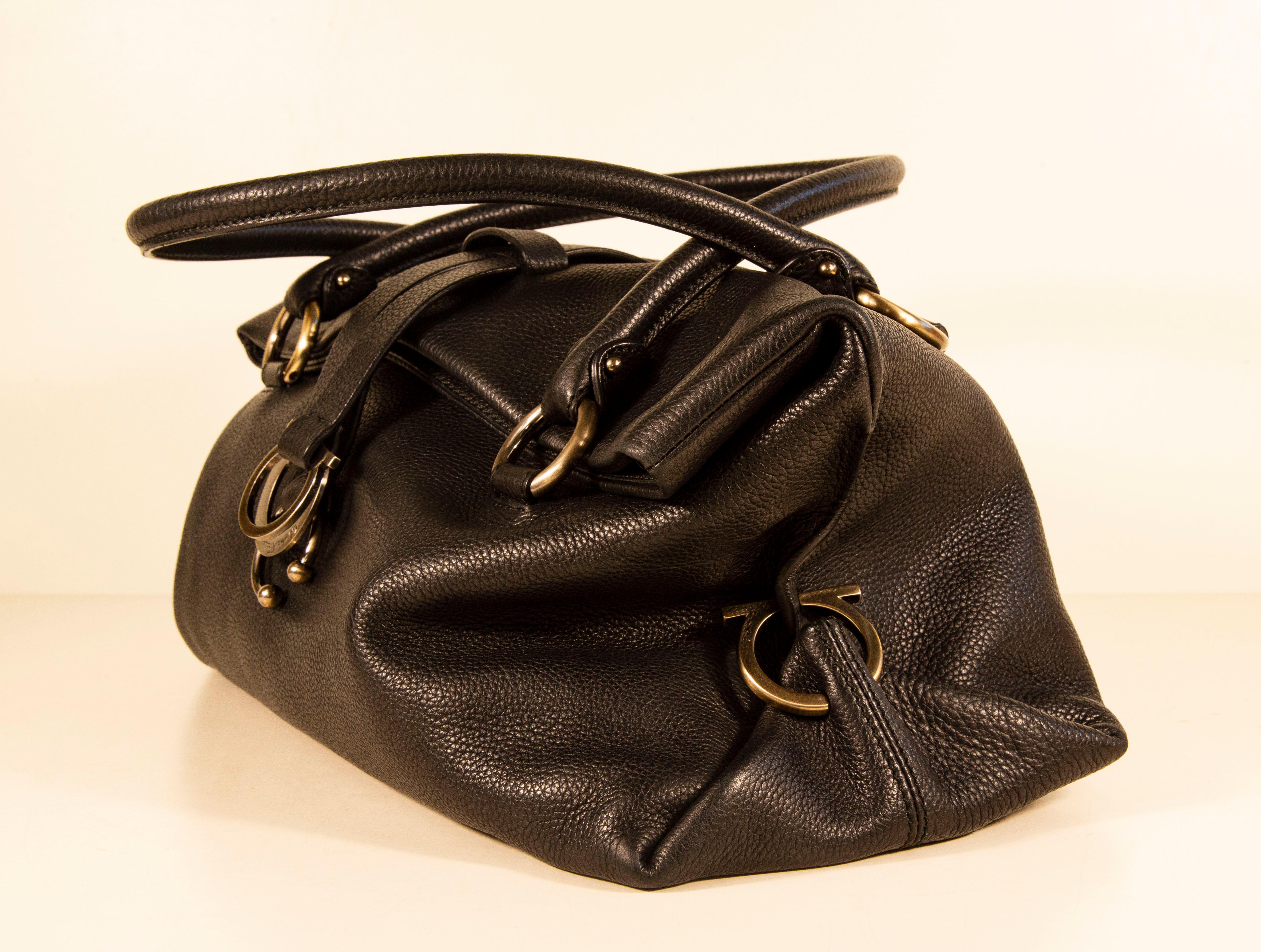1990s Salvatore Ferragamo Shoulder Bag/Top Handle Bag in Black Leather 1
