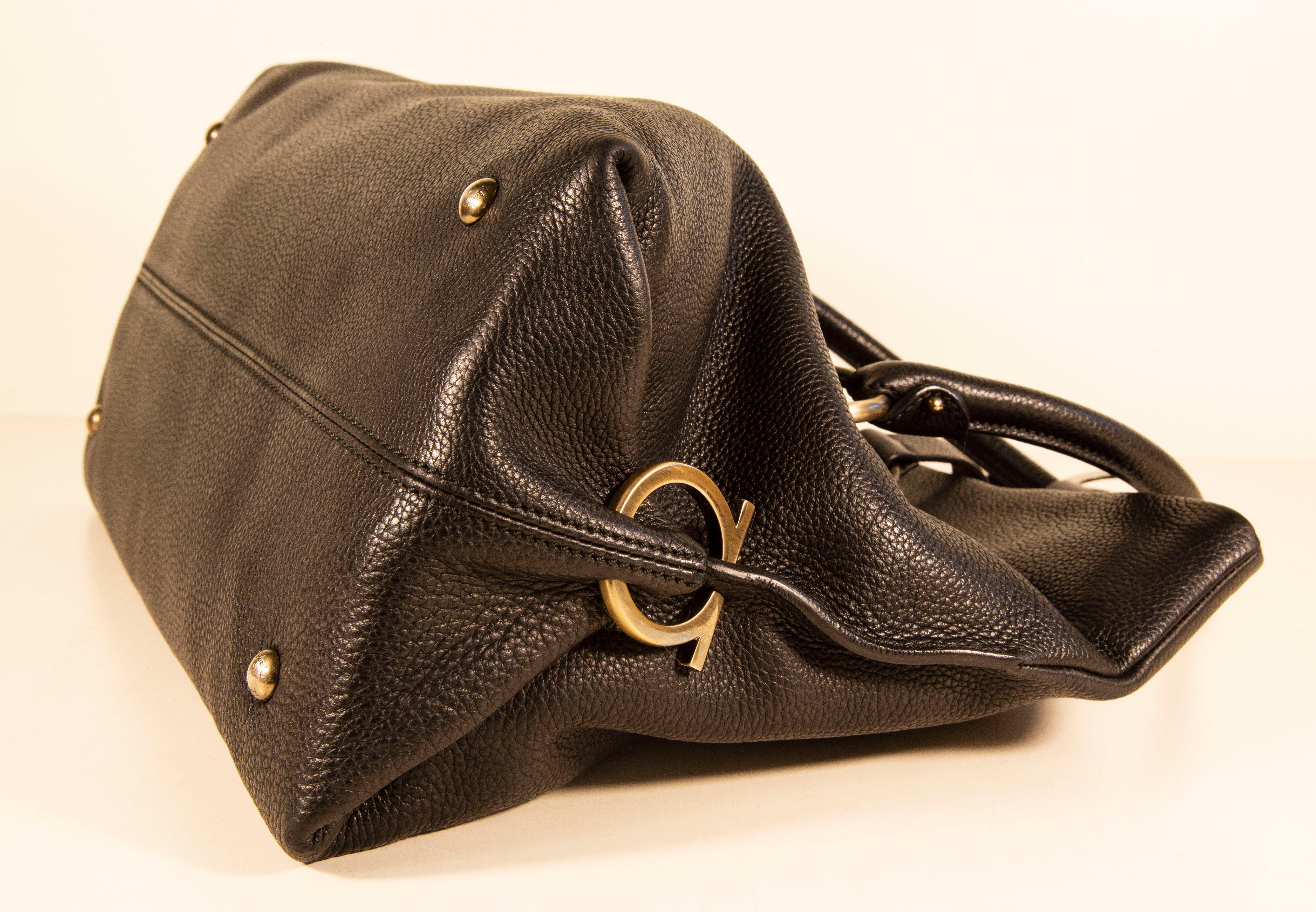 1990s Salvatore Ferragamo Shoulder Bag/Top Handle Bag in Black Leather 4