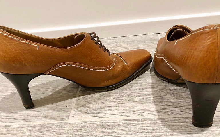 1990s Salvatore Ferragamo Size 7 Saddle Camel Leather Vintage Oxford 90s  Booties For Sale at 1stDibs