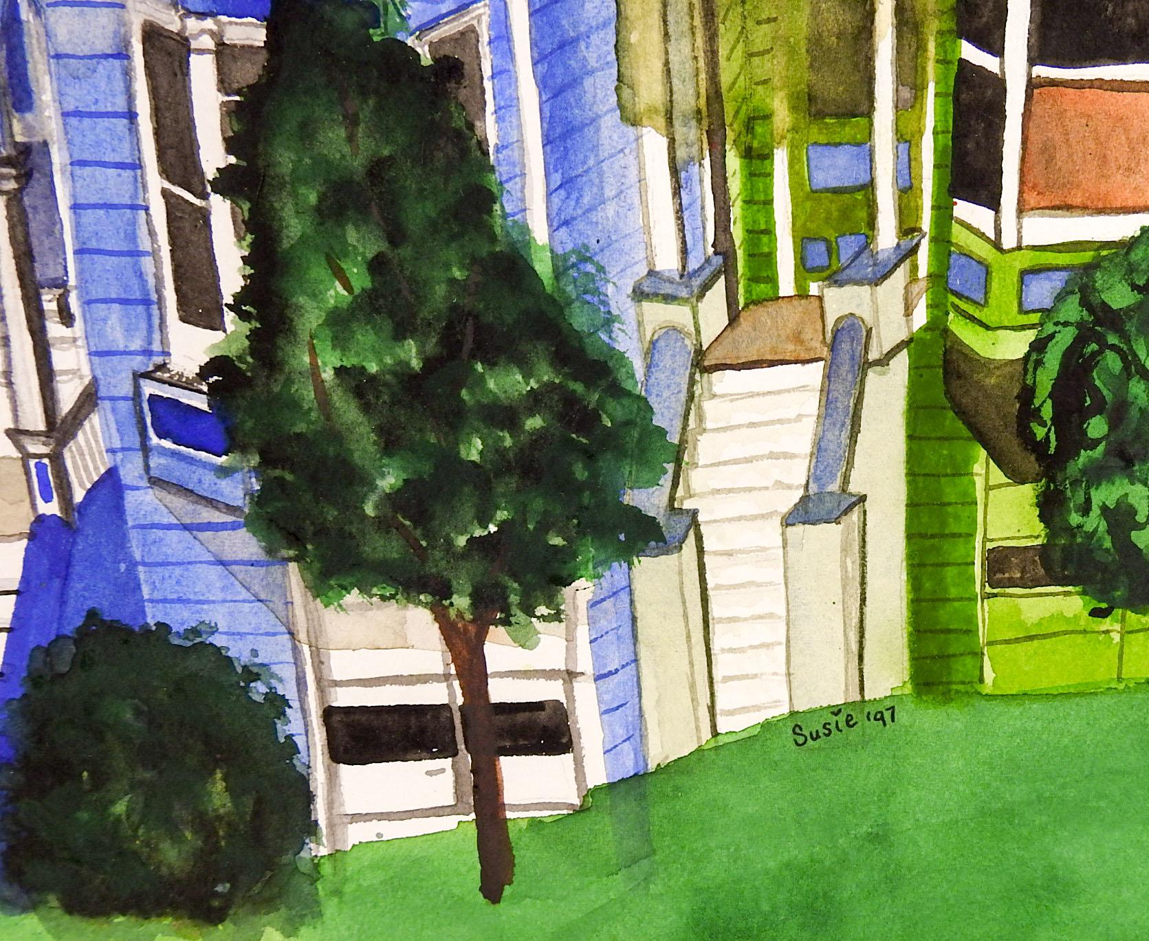 Watercolor on paper of brightly colored Victorian houses. Signed Susie 1997 lower right corner. Unframed.