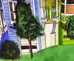 1990s San Francisco Painted Ladies Watercolor Painting
