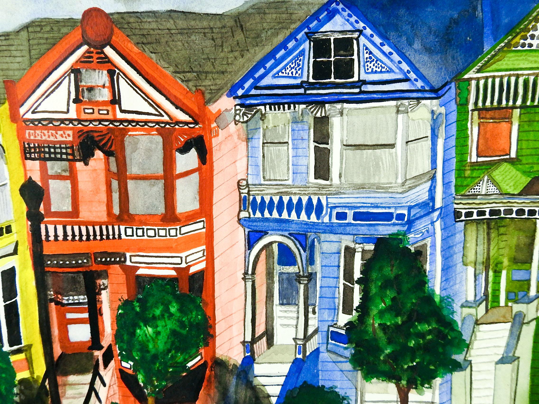 Modern 1990s San Francisco Painted Ladies Watercolor Painting For Sale