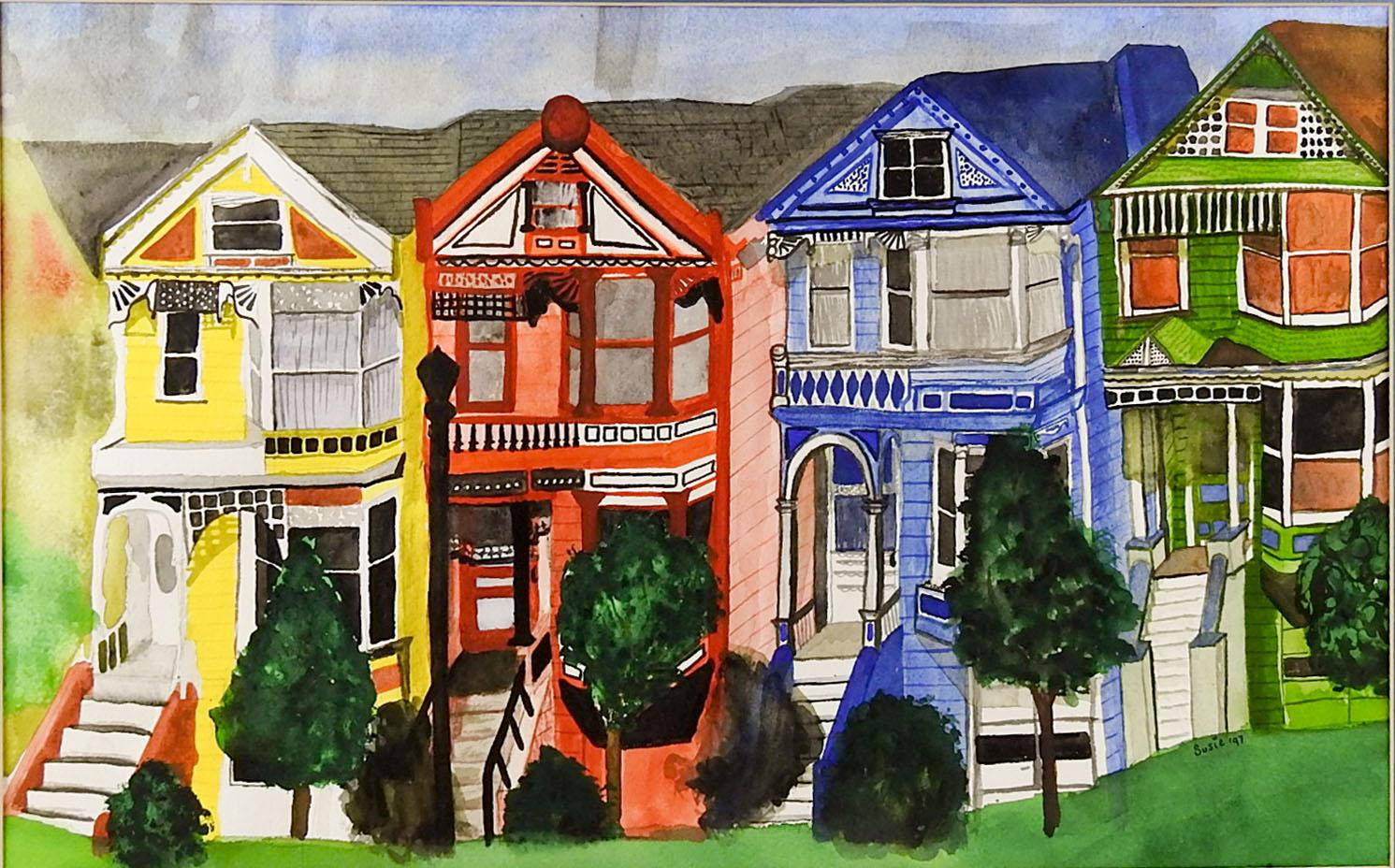American 1990s San Francisco Painted Ladies Watercolor Painting For Sale