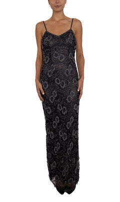 1990S Sapphire Blue Beaded Silk Chantilly Lace Slinky Gown