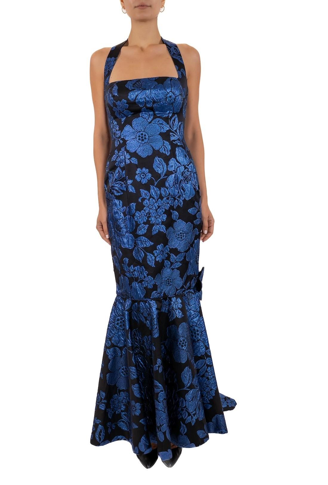 1990S Sapphire Blue & Black Silk Lurex Matelassé Floral Halter Top Gown With Train