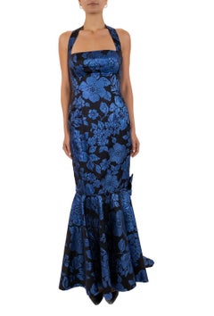1990S Sapphire Blue & Black Silk Lurex Matelassé Floral Halter Top Gown & Train