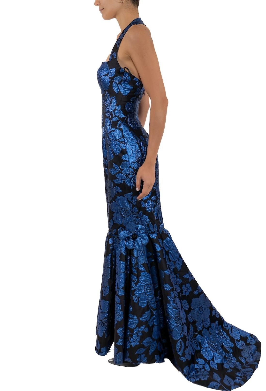 Purple 1990S Sapphire Blue & Black Silk Lurex Matelassé Floral Halter Top Gown & Train For Sale