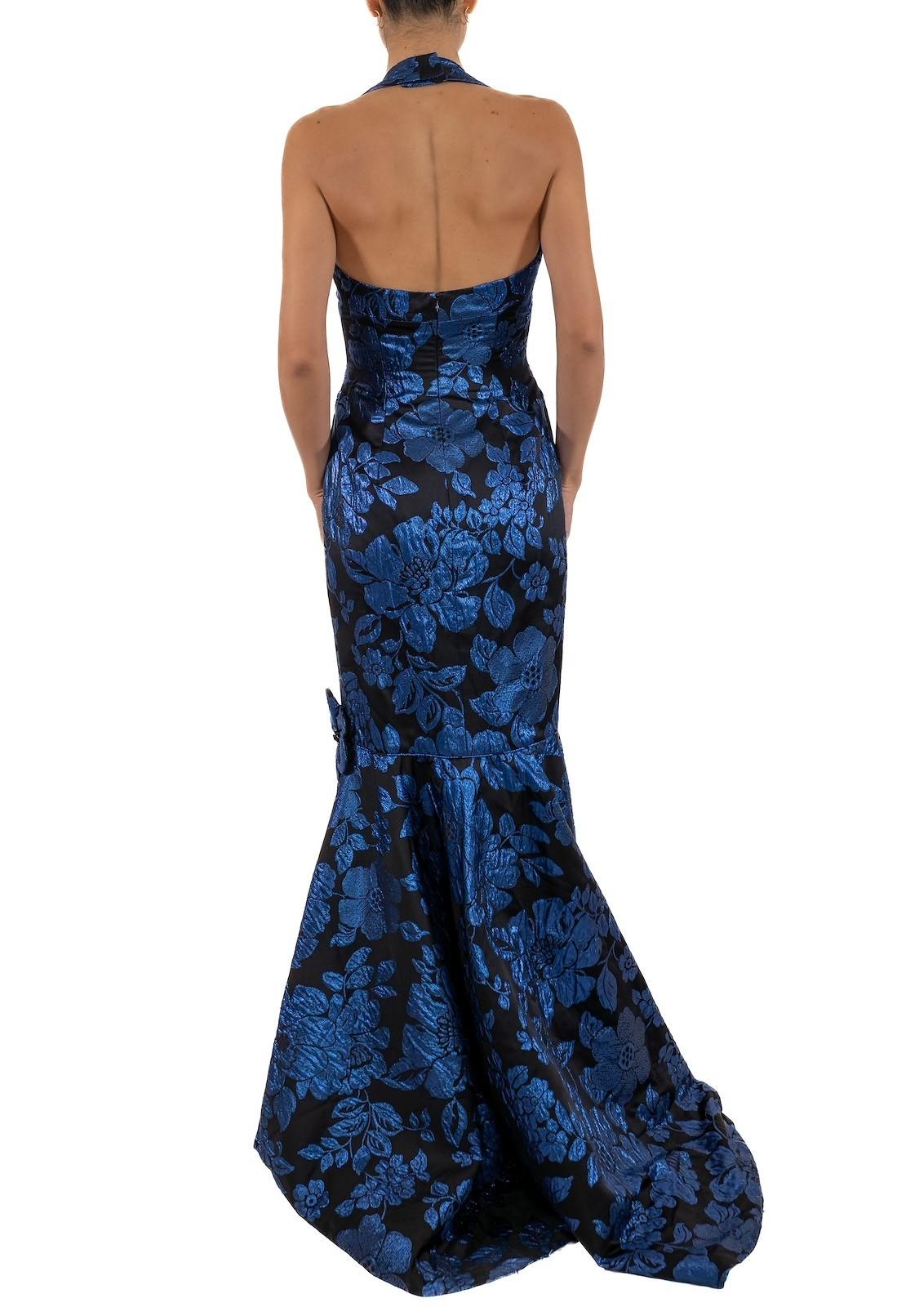 1990S Sapphire Blue & Black Silk Lurex Matelassé Floral Halter Top Gown & Train In Good Condition For Sale In New York, NY