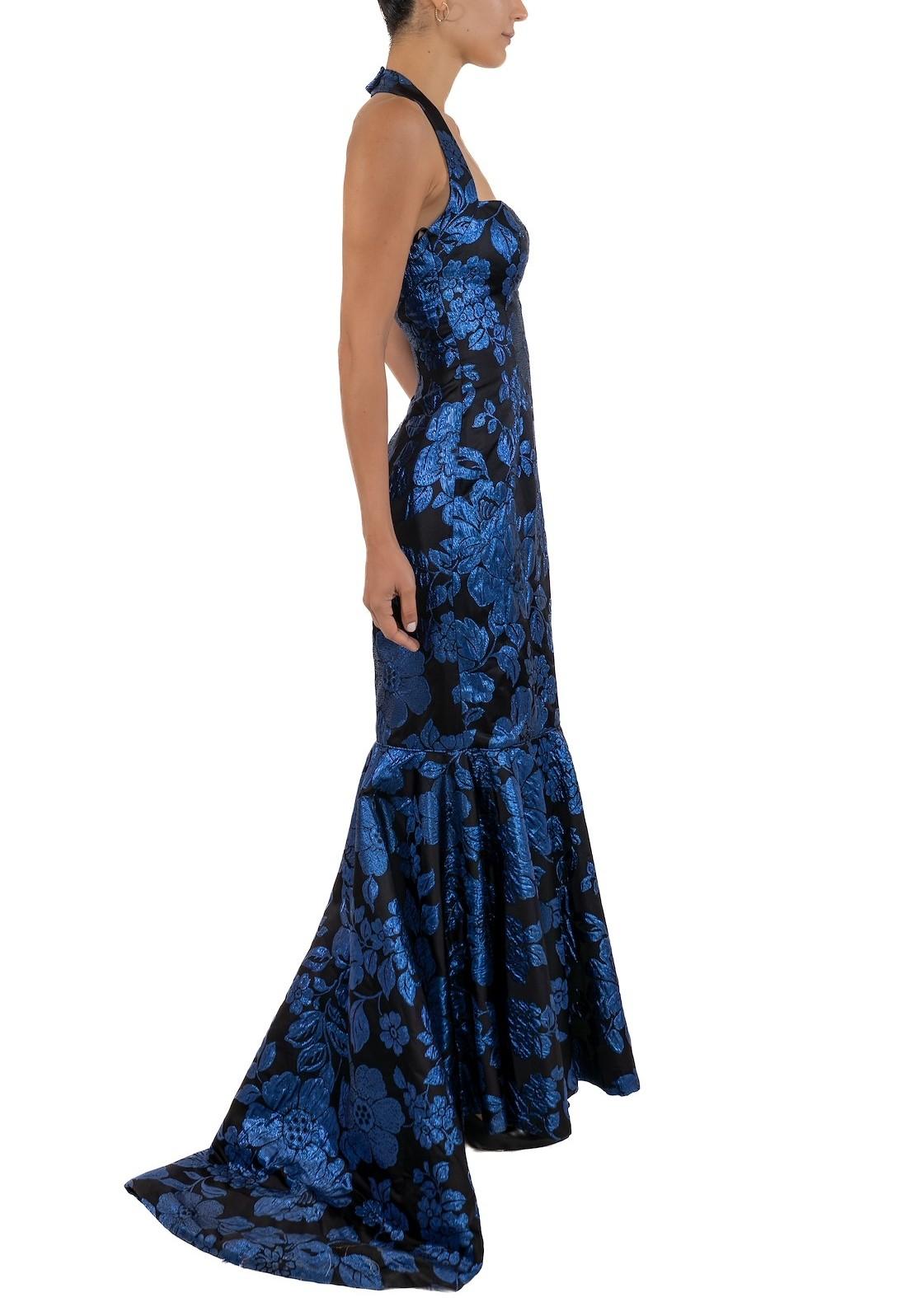 Women's 1990S Sapphire Blue & Black Silk Lurex Matelassé Floral Halter Top Gown & Train For Sale