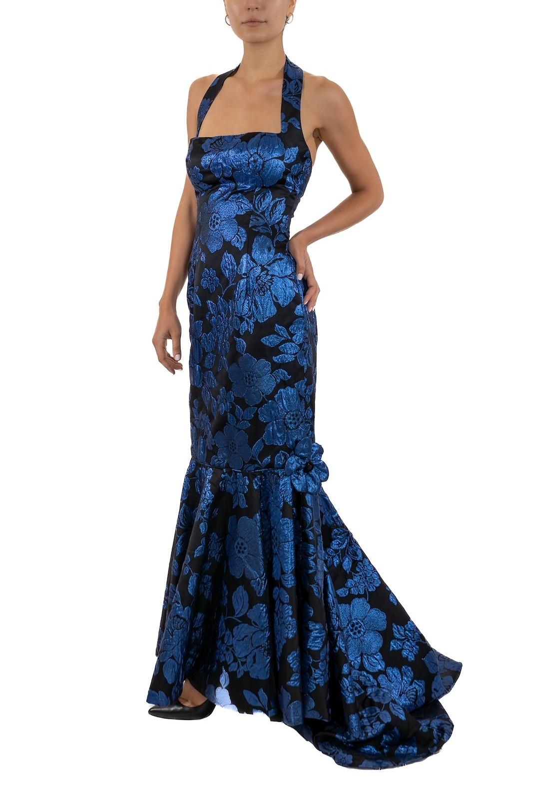 1990S Sapphire Blue & Black Silk Lurex Matelassé Floral Halter Top Gown & Train For Sale 1