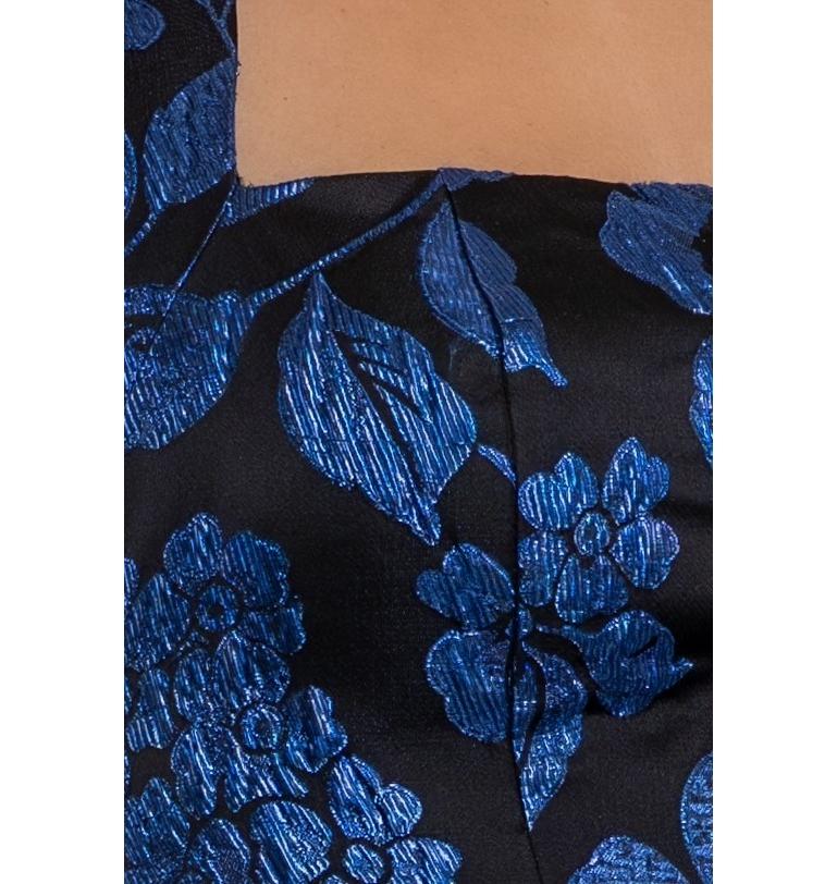 1990S Sapphire Blue & Black Silk Lurex Matelassé Floral Halter Top Gown & Train For Sale 2
